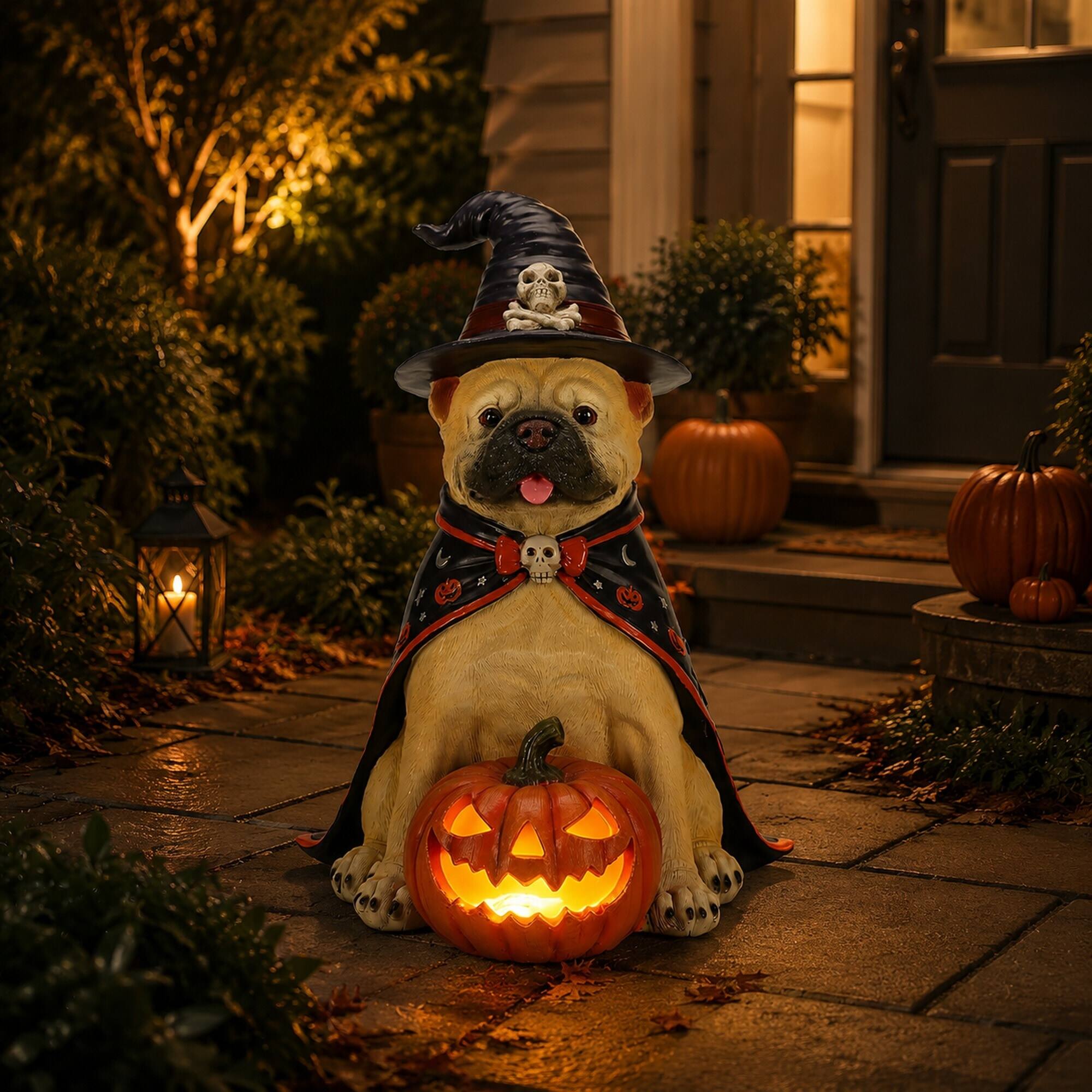 Left. RYHNUYNE - Halloween Bulldog Witch Statue with Glowing Jack-O-Lantern Pumpkin for Porch Entryway and Party Displays - Beige.