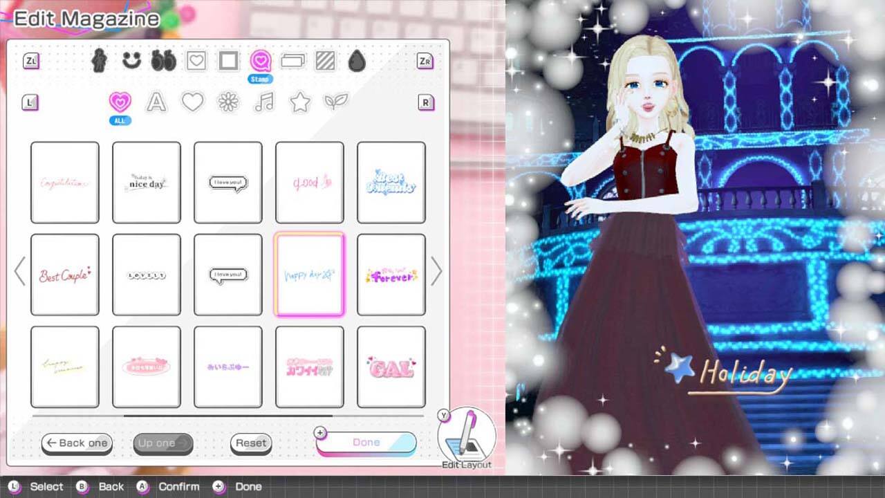 Edit Magazine  
ZL ZR L ALL A Stamp R  
Enqutlatins nice day I do0d Sest Um Best Couple LOVELT . wenut MEPY dey Forever  
GAL Y Holiday Back one Up one Reset + Done Edit Layout L Select Back A Confirm + Done