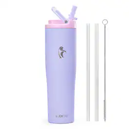 Coolflask - Slim Tumbler Stainless Steel with Straw & Handle - Fits Car Cup Holder - 40oz Purple
