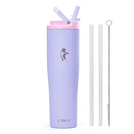 Front. Coolflask - Slim Tumbler Stainless Steel with Straw & Handle - Fits Car Cup Holder - 40oz Purple.