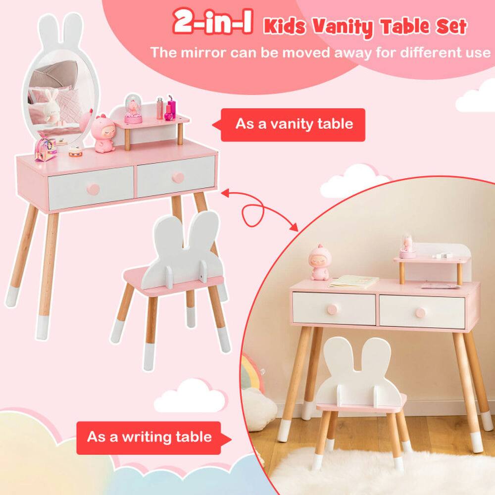 2-in-1 Kids Vanity Table Set  
The mirror can be moved away for different use  
As a vanity table  
As a writing table