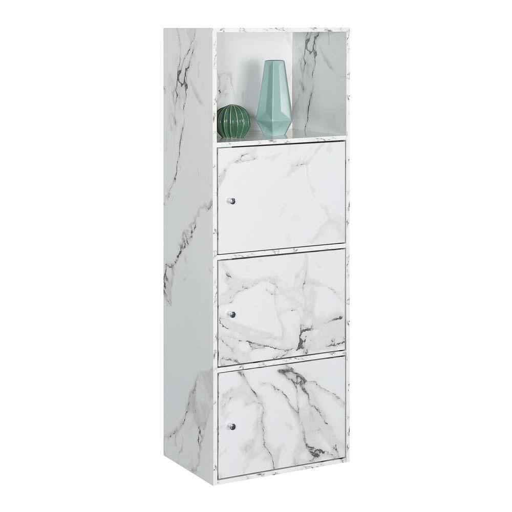 Front. FurniFact - Storage Cabinet with 3 Doors - White Faux Marble.