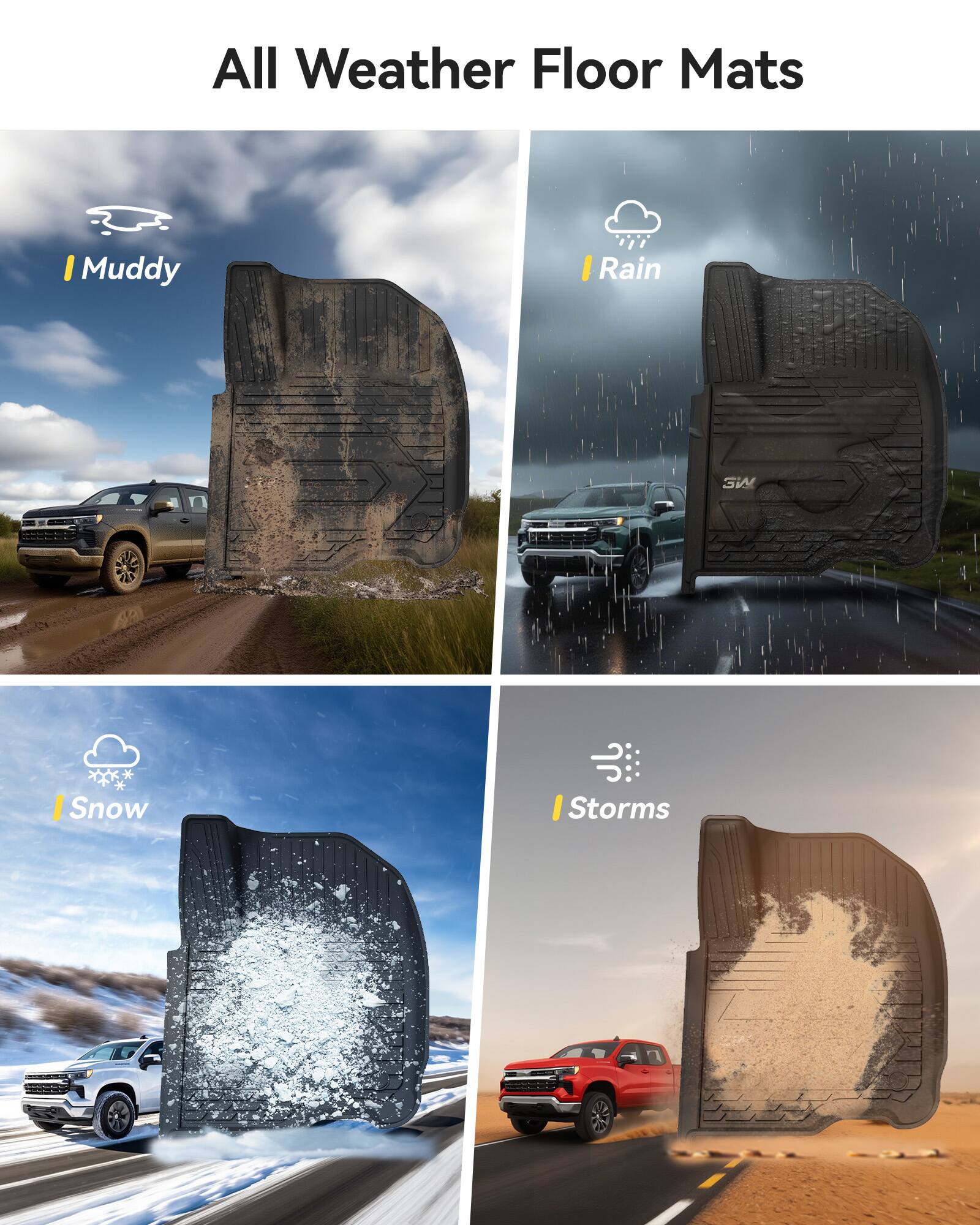 All Weather Floor Mats

- Muddy
- Rain
- Snow
- Storms