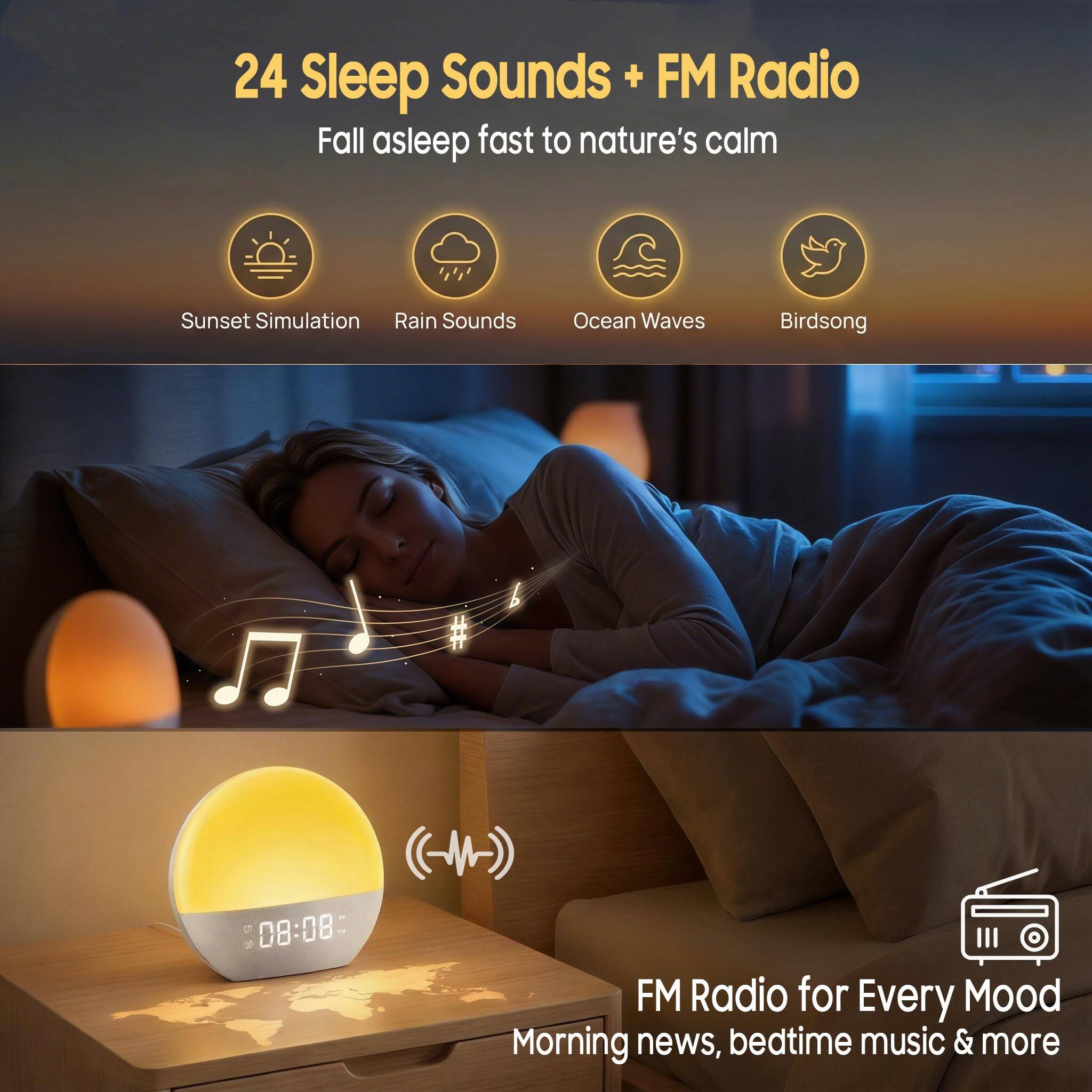 24 Sleep Sounds + FM Radio  
Fall asleep fast to nature's calm  

- Sunset Simulation  
- Rain Sounds  
- Ocean Waves  
- Birdsong  

FM Radio for Every Mood  
Morning news, bedtime music & more
