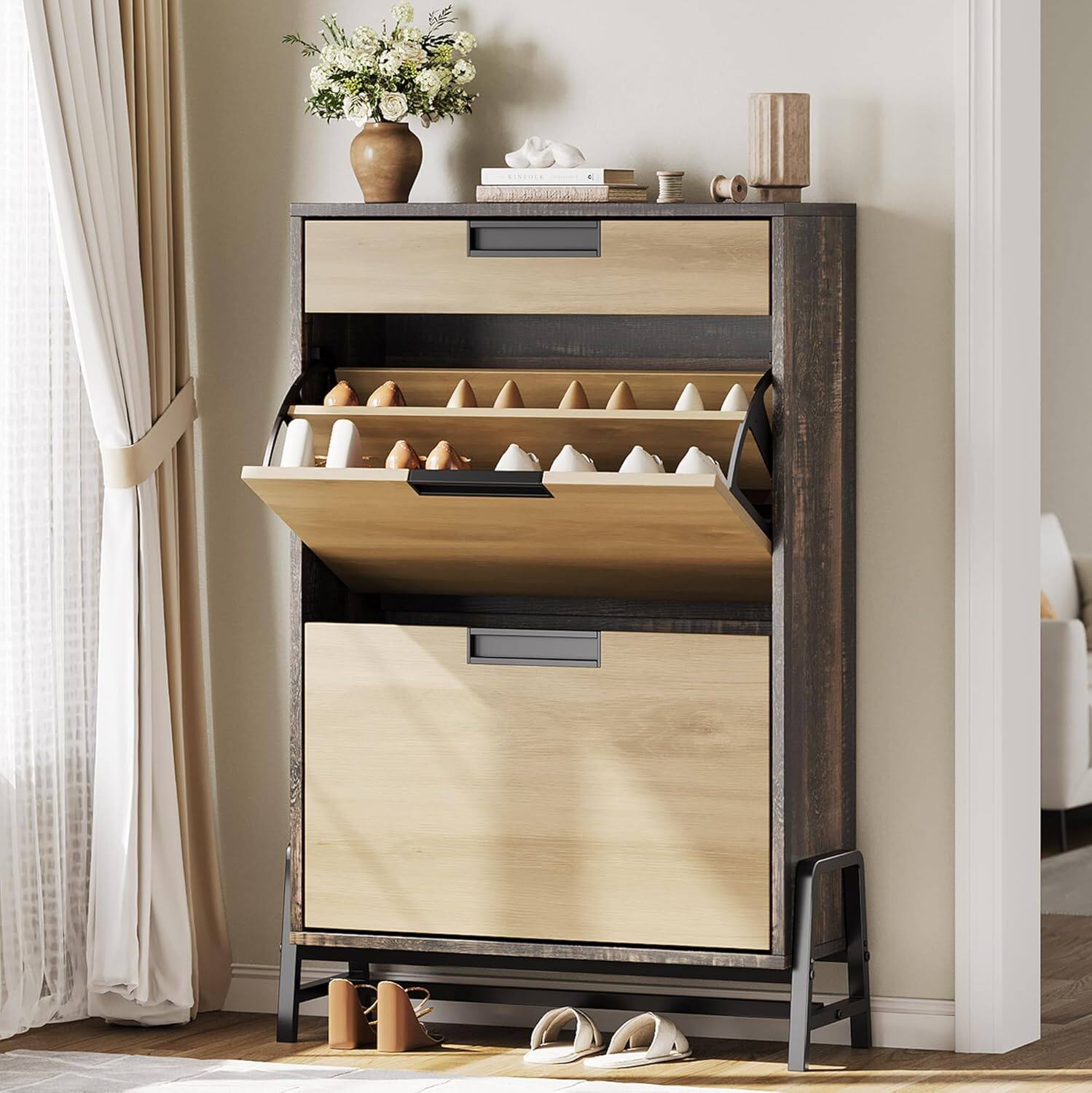 Front. Acekool - Shoe Storage Cabinet with 2 Flip Drawers & 1 Top Drawer, Narrow Entryway Shoe Organizer, Farmhouse Style, Oak - Oak.