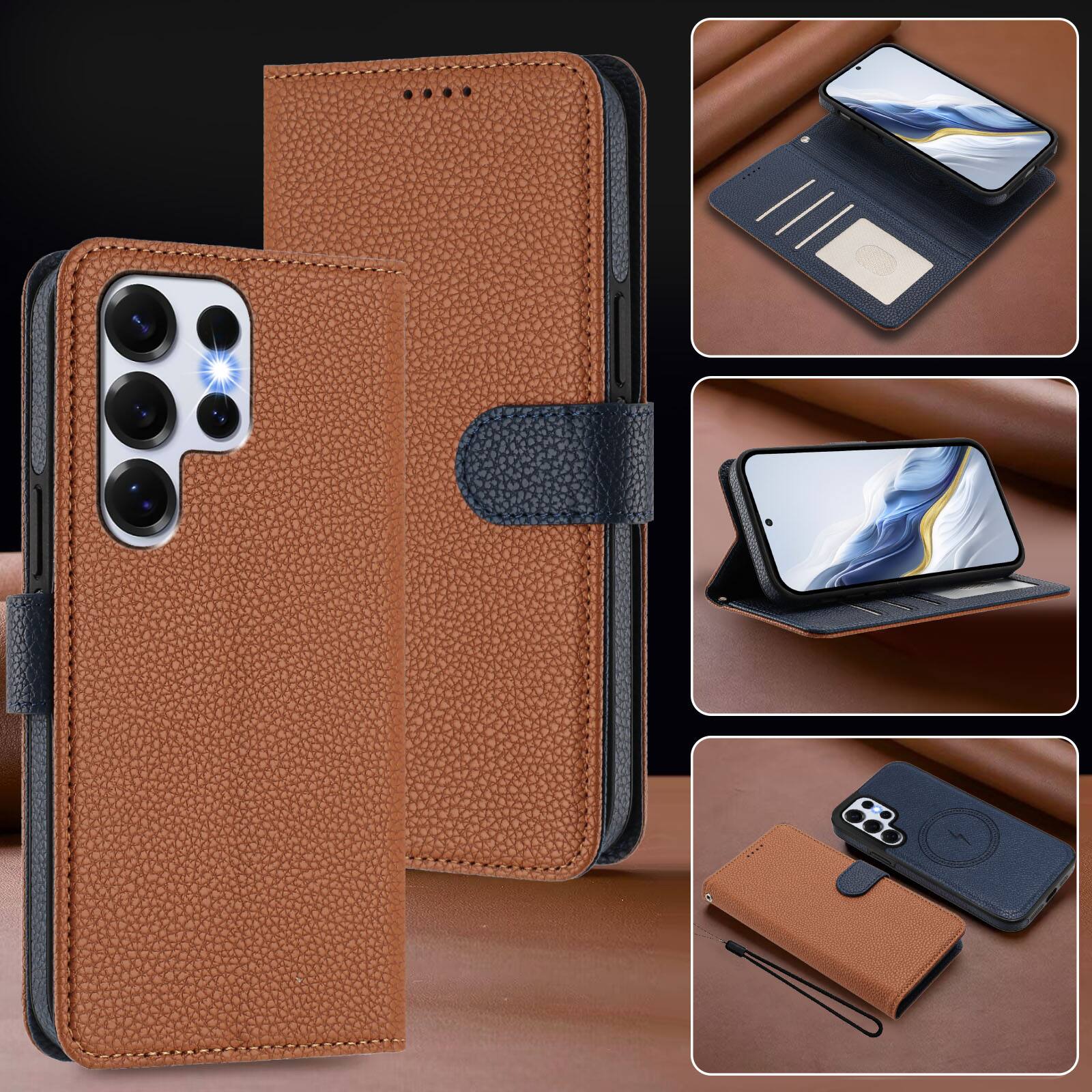 Alt View 4. Dteck - Magnetic Detachable 2-in-1 Wallet Case for Samsung Galaxy S25 Ultra,PU Leather Flip Cover with Card Slots & Wrist Strap - Brown.