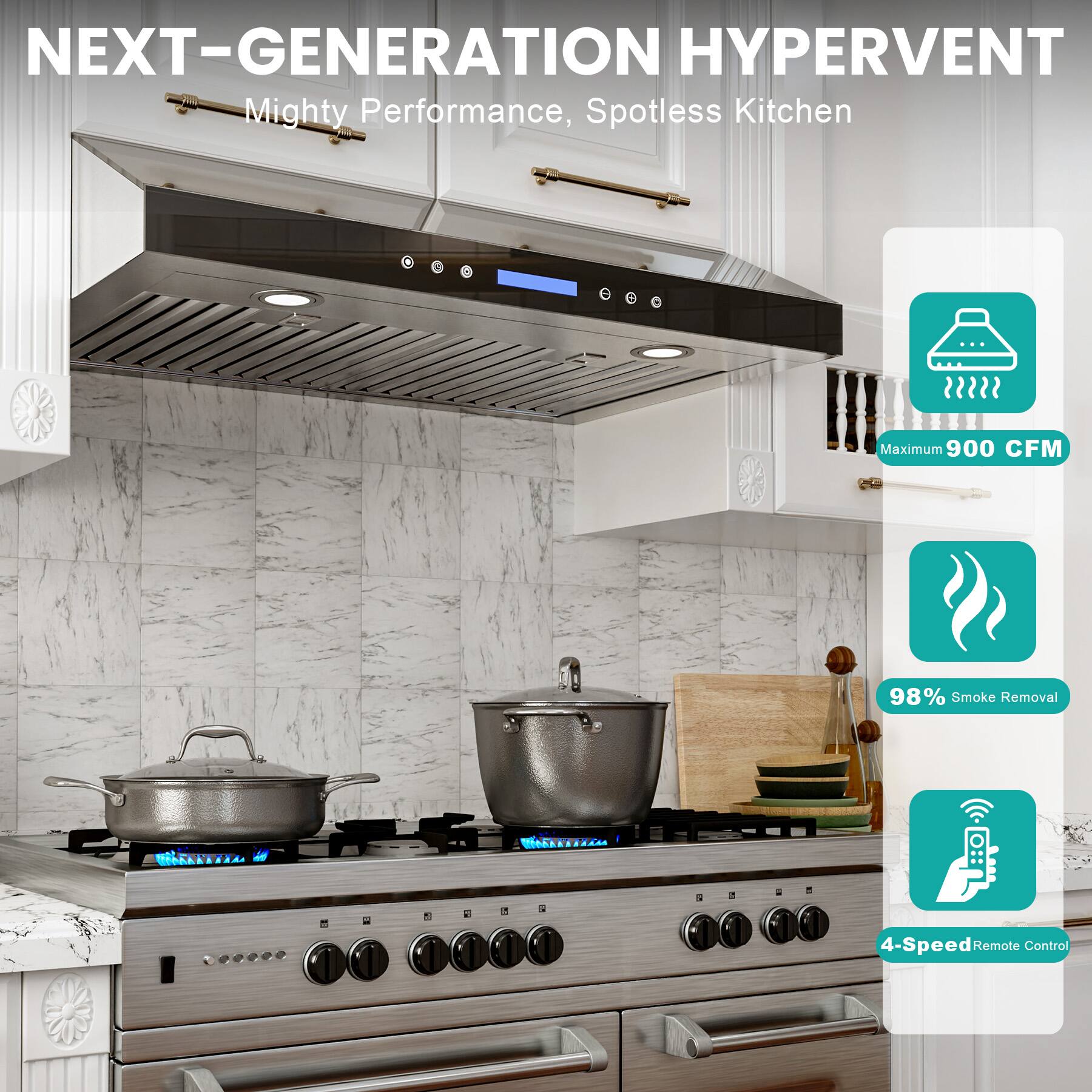 NEXT-GENERATION HYPERVENT  
Mighty Performance, Spotless Kitchen  

Maximum 900 CFM  
98% Smoke Removal  
4-Speed Remote Control