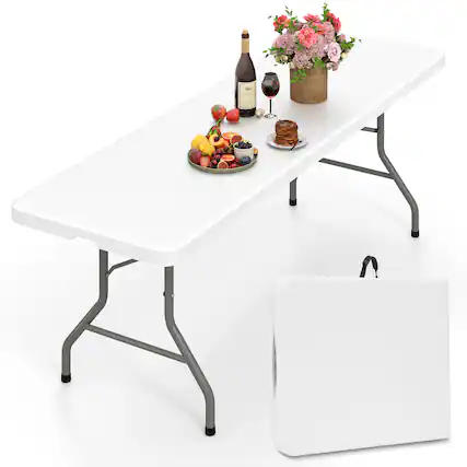 Front. SKONYON - 8ft Rectangular Folding Plastic Table - White + Gray.