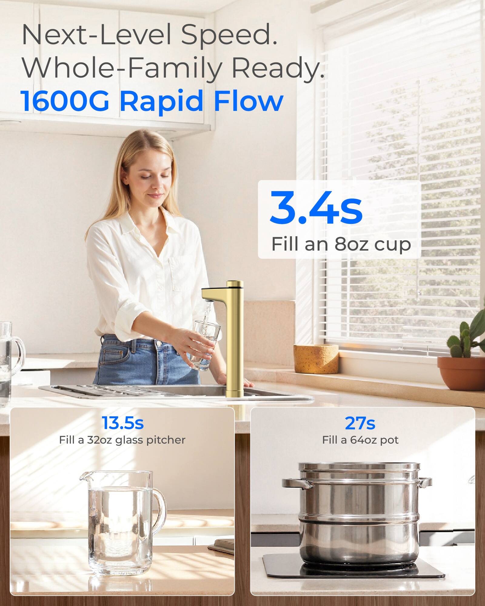 Next-Level Speed. Whole-Family Ready. 1600G Rapid Flow

3.4s Fill an 8oz cup

13.5s Fill a 32oz glass pitcher

27s Fill a 64oz pot
