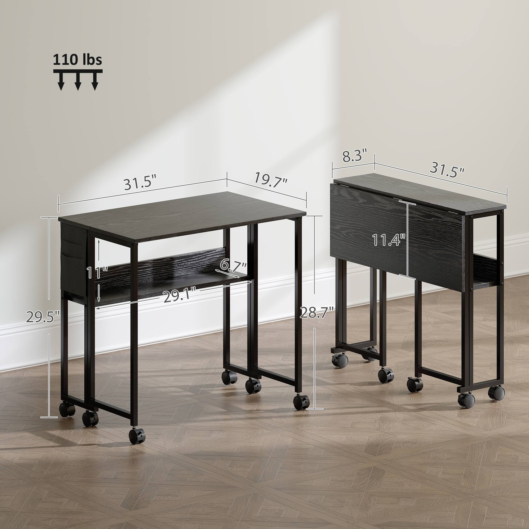 110 lbs, 31.5", 19.7", 8.3", 31.5", 29.5", 6.7", 29.1", 28.7", 11.4"