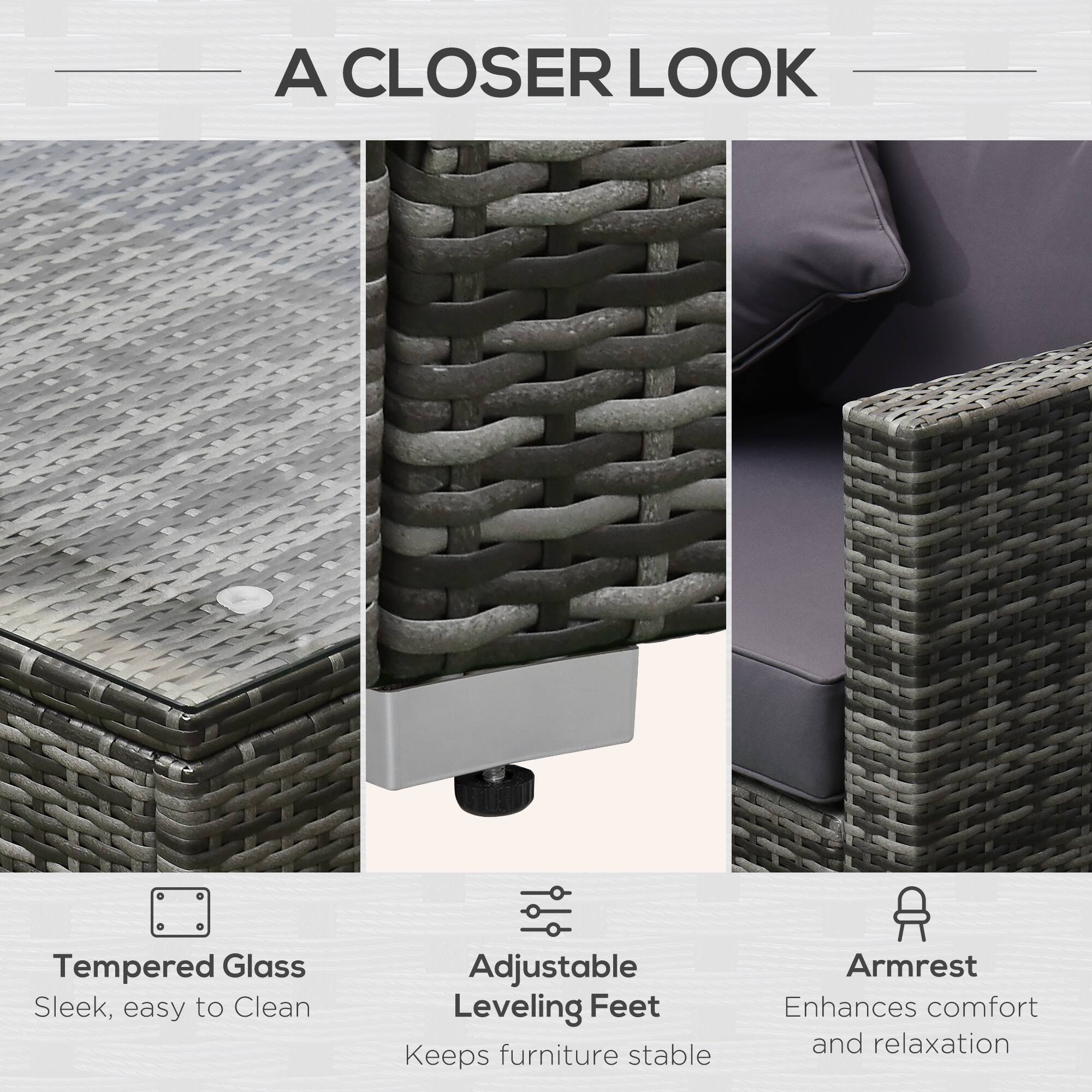 A CLOSER LOOK

Tempered Glass
Sleek, easy to Clean

Adjustable Leveling Feet
Keeps furniture stable

Armrest
Enhances comfort and relaxation