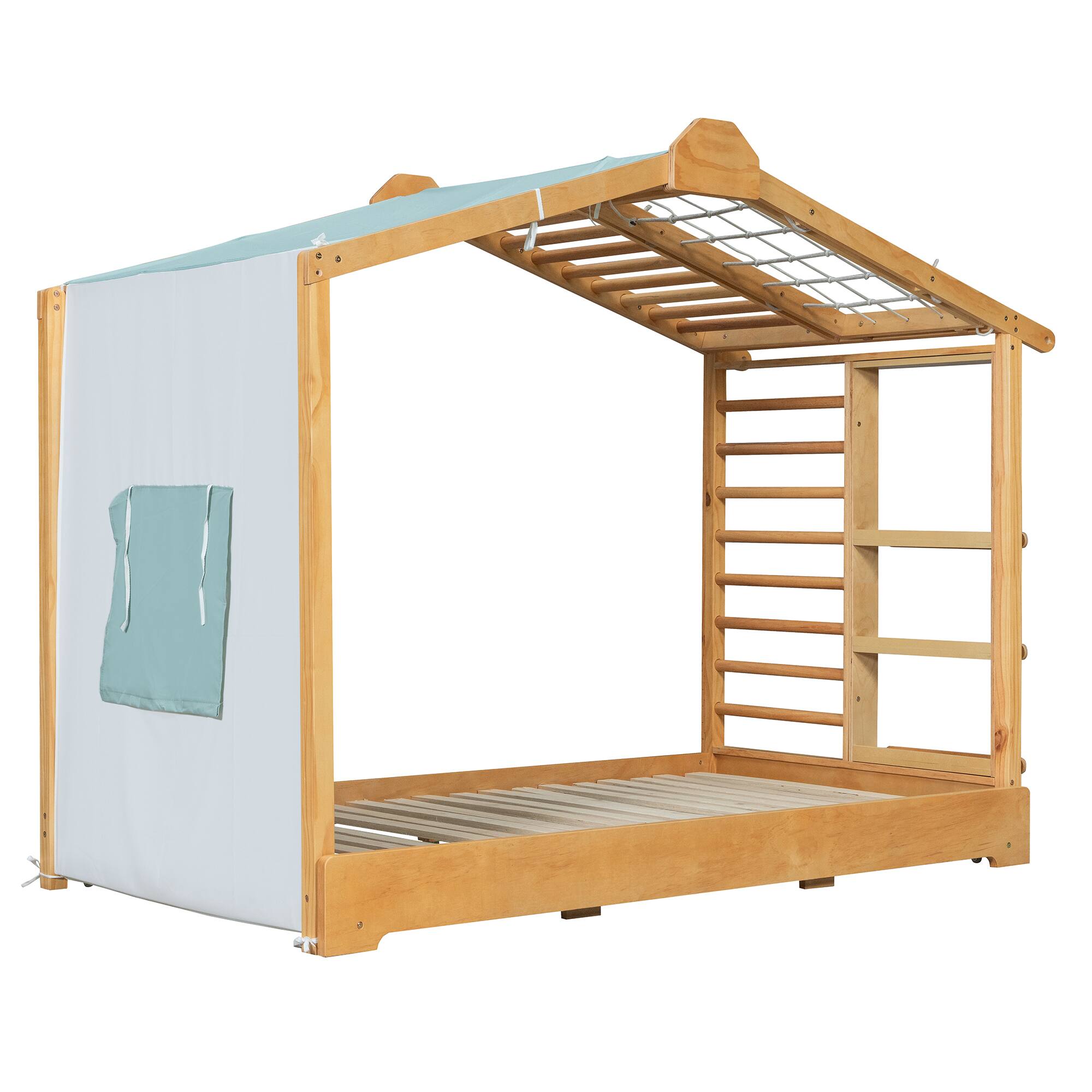 Left. Anysun - Twin Size House Bed with Twin Size Trundle and Side Shelves - Natural.