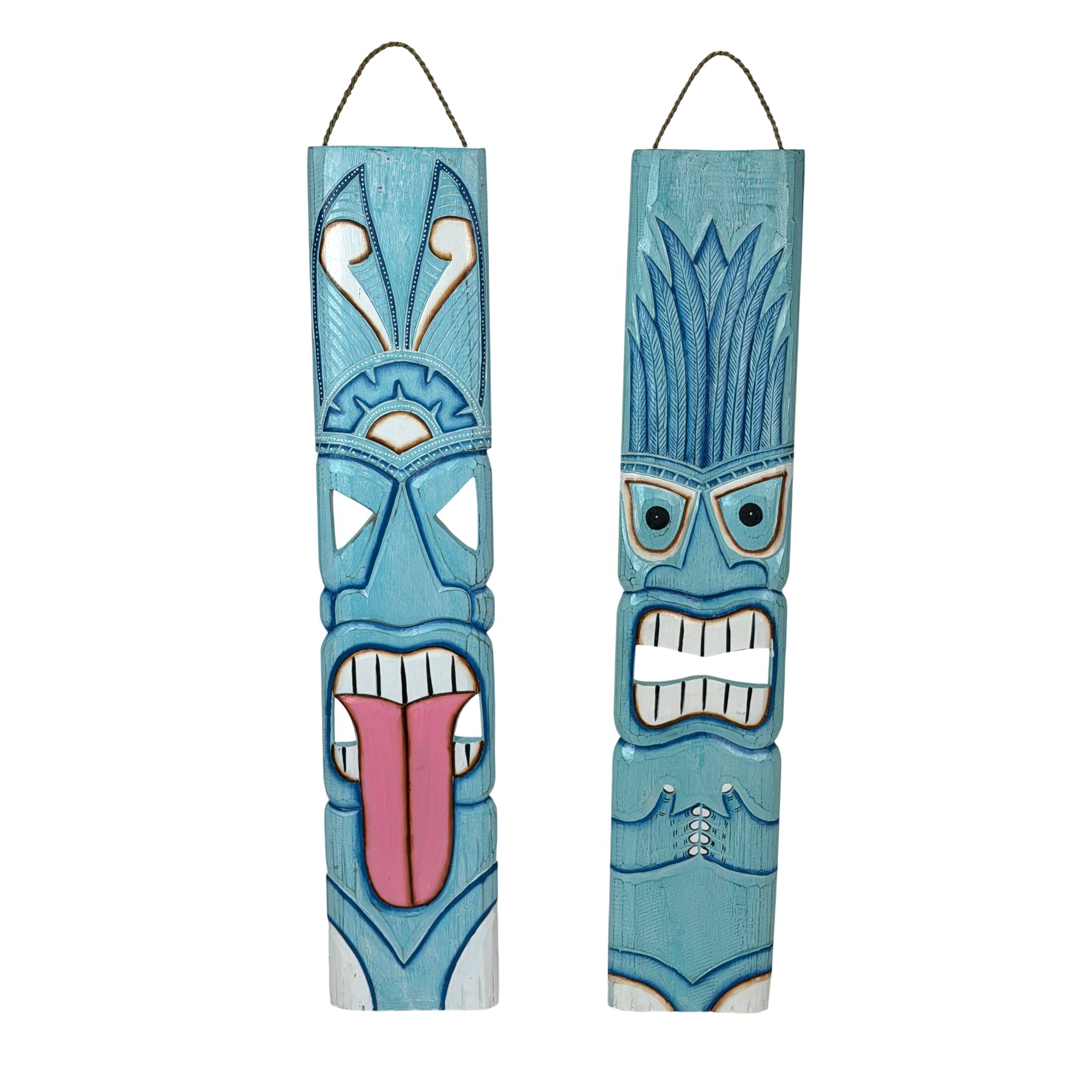 Front. Chesapeake Bay - Set of 2 Aqua Tiki Wall Plaques Hand Carved Wood 39 Inch Tall Coastal Decor - Aqua.