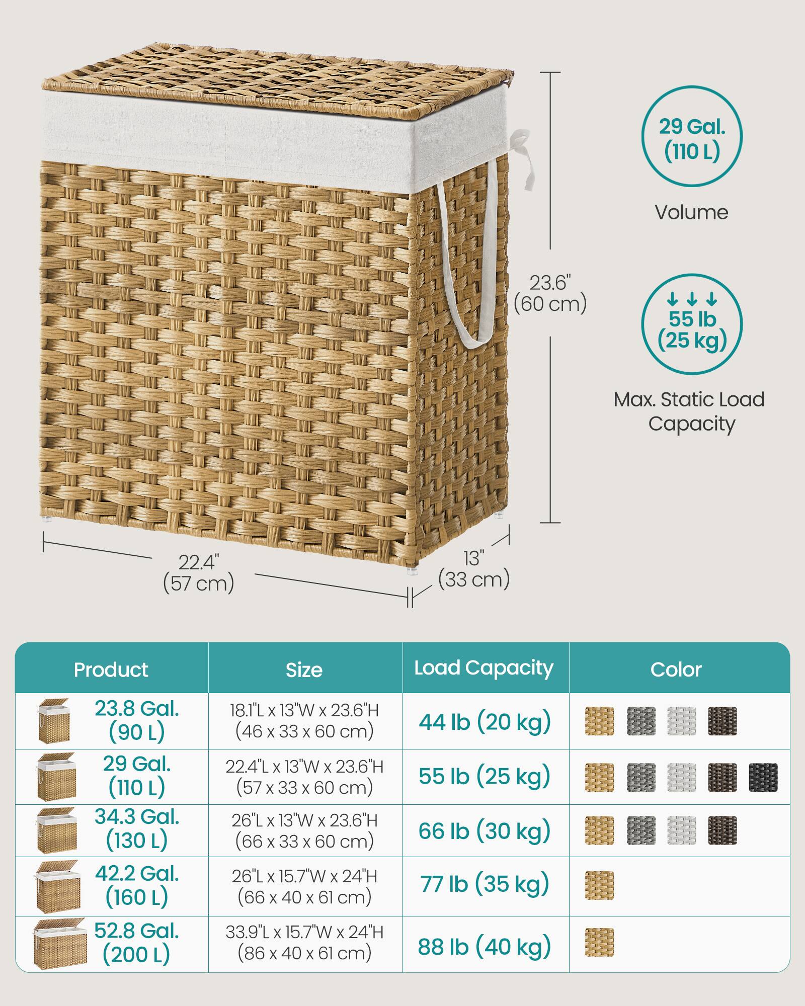 - 29 Gal. (110 L) Volume
- 23.6" (60 cm)
- 55 lb (25 kg) Max. Static Load Capacity
- 22.4" (57 cm)
- 13" (33 cm)

- Product: 23.8 Gal. (90 L)
  - Size: 18.1L x 13"W x 23.6"H (46 x 33 x 60 cm)
  - Load Capacity: 44 lb (20 kg)

- Product: 29 Gal. (110 L)
  - Size: 22.4L x 13"W x 23.6"H (57 x 33 x 60 cm)
  - Load Capacity: 55 lb (25 kg)

- Product: 34.3 Gal. (130 L)
  - Size: 26L x 13"W x 23.6"H (66 x 33 x 60 cm)
  - Load Capacity: 66 lb (30 kg)

- Product