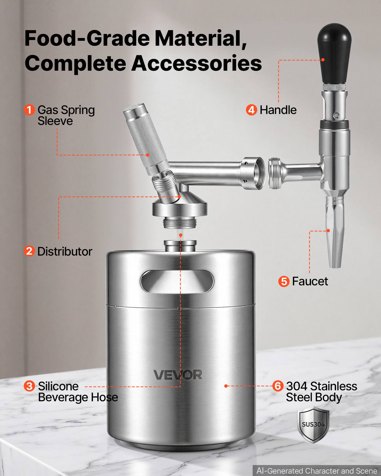 Food-Grade Material, Complete Accessories

1. Gas Spring Sleeve
2. Distributor
3. Silicone Beverage Hose
4. Handle
5. Faucet
6. 304 Stainless Steel Body

VEVOR

AI-Generated Character and Scene