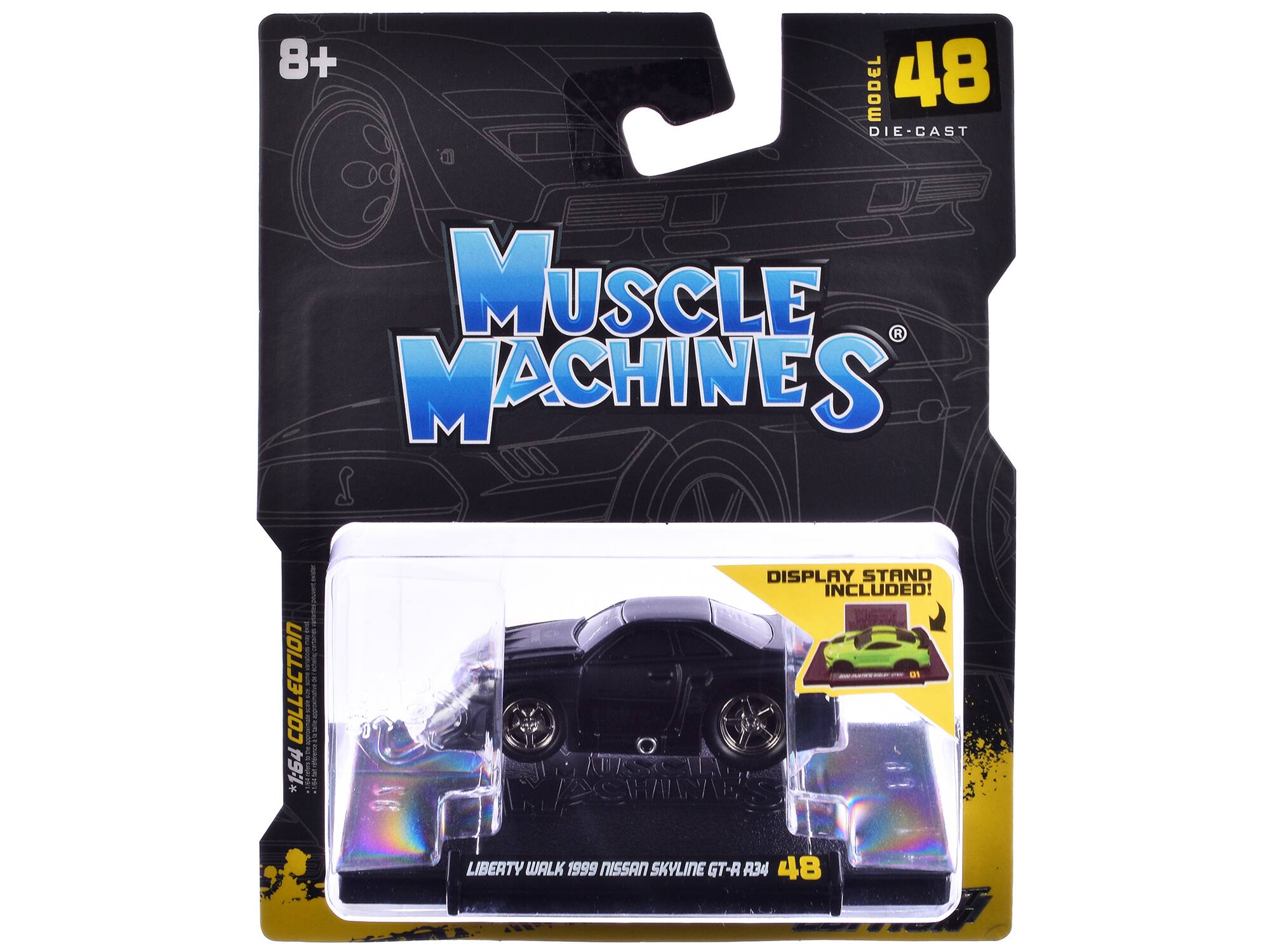 8+  
MODEL 48 DIE-CAST  
MUSCLE MACHINES  
COLLECTION  
1:64  
DISPLAY STAND INCLUDED!  
LIBERTY WALK 1999 NISSAN SKYLINE GT-R R34