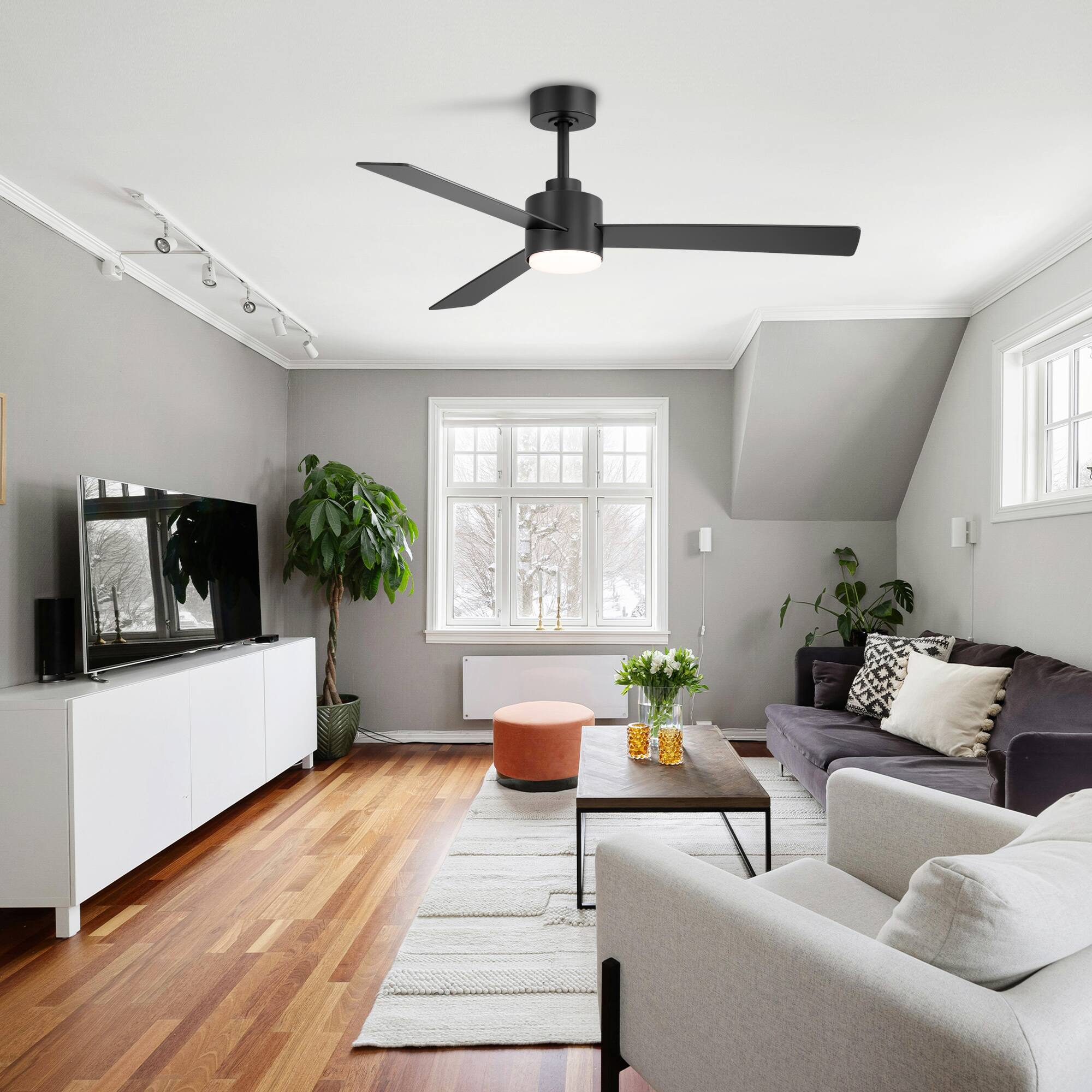 Alt View 1. Breezary - 52" Indoor Ceiling Fan, 3 Plywood Blades, 6-Speed DC Motor, Remote & Timer, 5" & 10" Downrods, LED Light/No Light Option - Black (With Light).