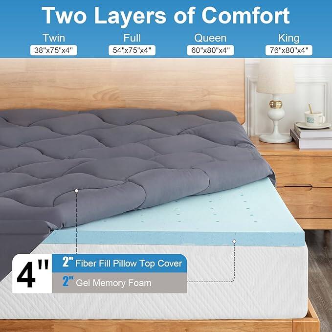 Two Layers of Comfort Twin (38"x75"x4"), Full (54"x75"x4"), Queen (60"x80"x4"), King (76"x80"x4") 4" 2" Fiber Fill Pillow Top Cover 2" Gel Memory Foam