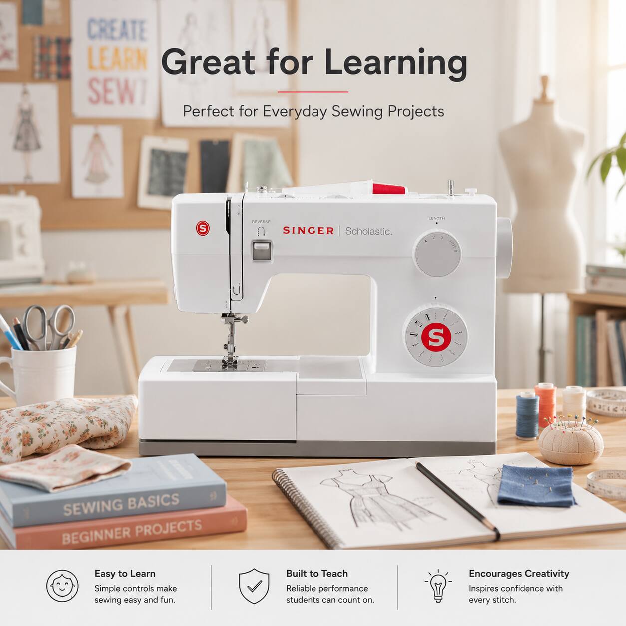 CREATE LEARN Great for Learning SEW

Perfect for Everyday Sewing Projects

SEE SINGER Scholastic.

LENITH

SEWING BASICS BEGINNER PROJECTS

Easy to Learn
Simple controls make sewing easy and fun.

Built to Teach
Reliable performance students can count on.

Encourages Creativity
Inspires confidence with every stitch.