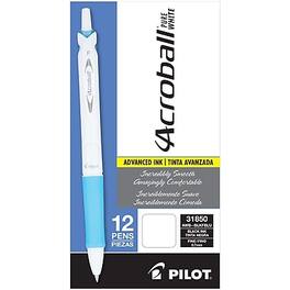 Pilot - Acroball PureWhite Advanced Ink Retractable Ballpoint Pens, 0.7 mm, Fine Point, Black Ink, Dozen - White