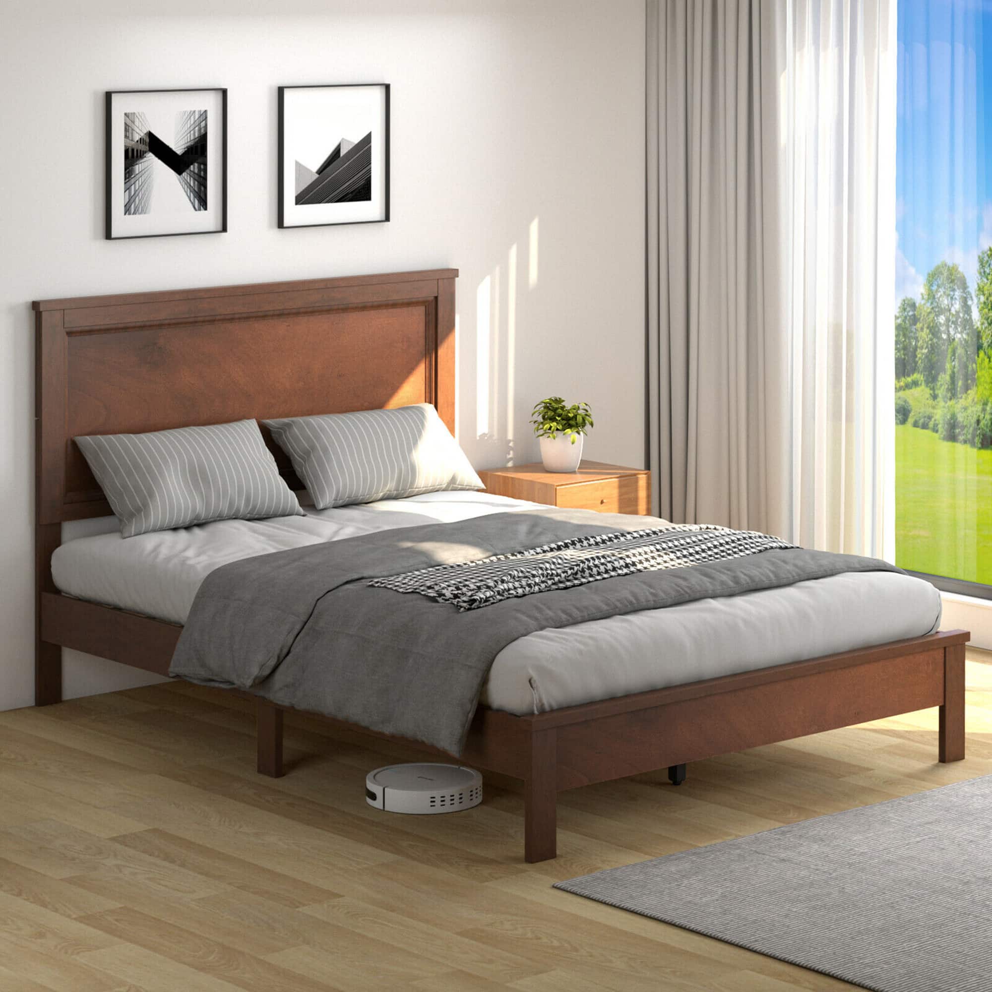 Back. Costway - Costway Queen Size Bed Frame Platform Slat High Headboard Bedroom Rubber Wood Leg Walnut - Walnut.