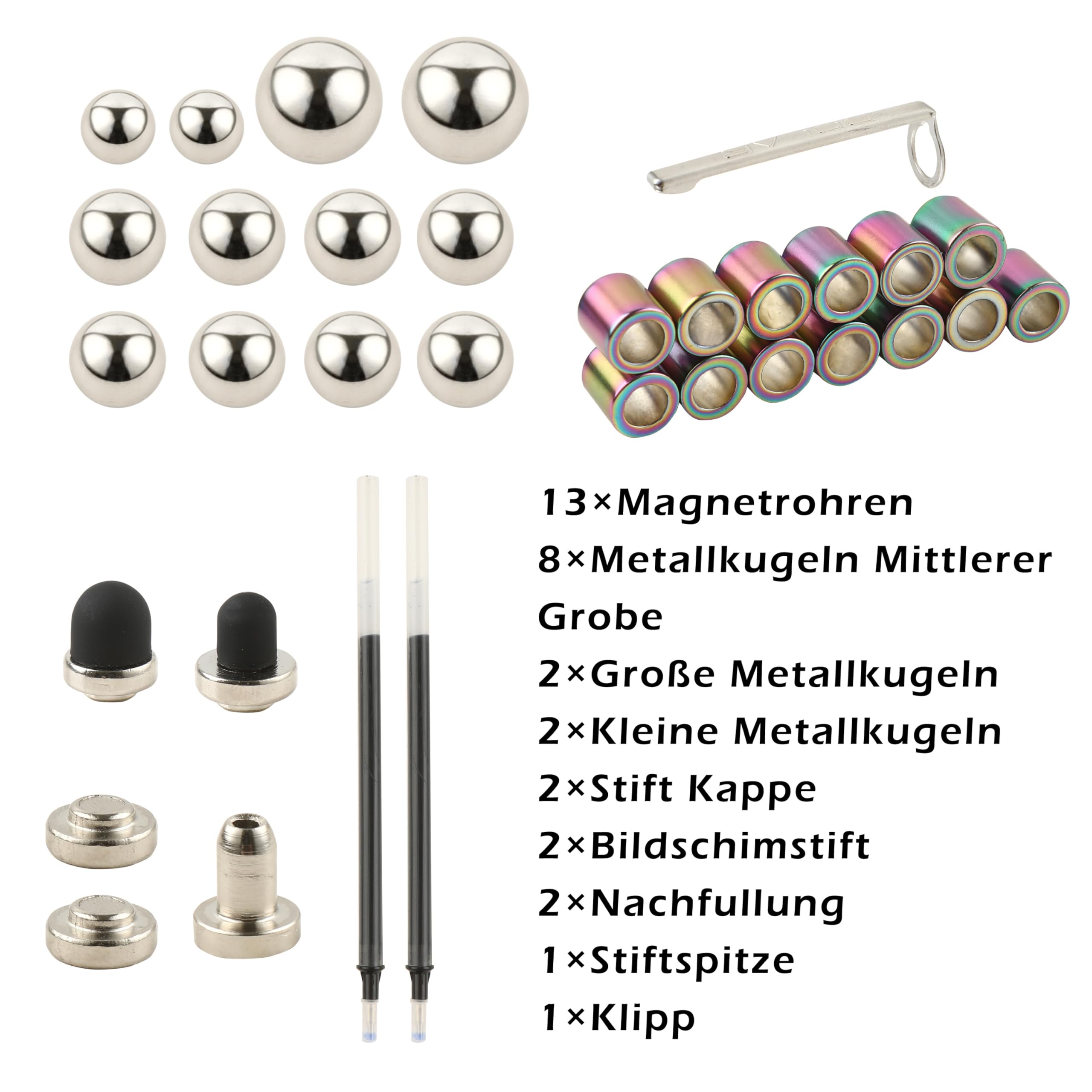 13 x Magnetrohren  
8 x Metallkugeln Mittlerer Große  
2 x Große Metallkugeln  
2 x Kleine Metallkugeln  
2 x Stift Kappen  
2 x Bildschirmstift  
2 x Nachfüllung  
1 x Stiftspitze  
1 x Klipp
