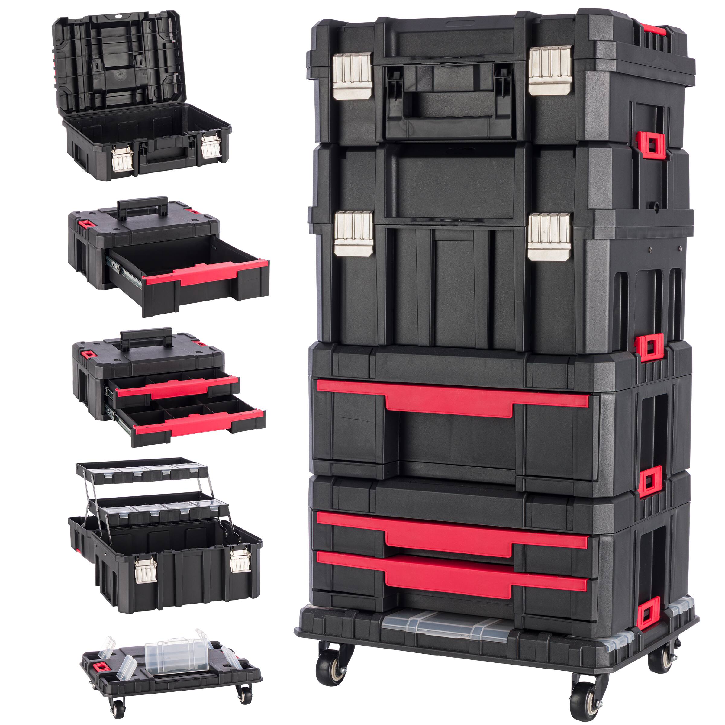 Front. Stalwart - 5-Tier Stackable Tool Box with Wheels and Drawers, Red/Black.