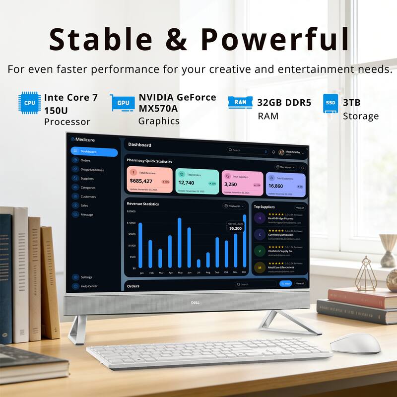 Stable & Powerful  
For even faster performance for your creative and entertainment needs.  
- Intel Core 7 CPU 150U Processor  
- NVIDIA GeForce GPU MX570A Graphics  
- 32GB DDR5 RAM  
- 3TB SSD Storage  

Medicure Dashboard  
- Pharmacy Quick Statistics  
  - Total Revenue: $685,427  
  - Total Orders: 12,740  
  - Total Customers: 3,250  
  - Total Suppliers: 16,860  

Revenue Statistics  
- Top Suppliers  
  - Healthwise Pharmacy Supply Co.  
  - VivaMed Supply Co.  
  - MedCare Pharmaceuticals