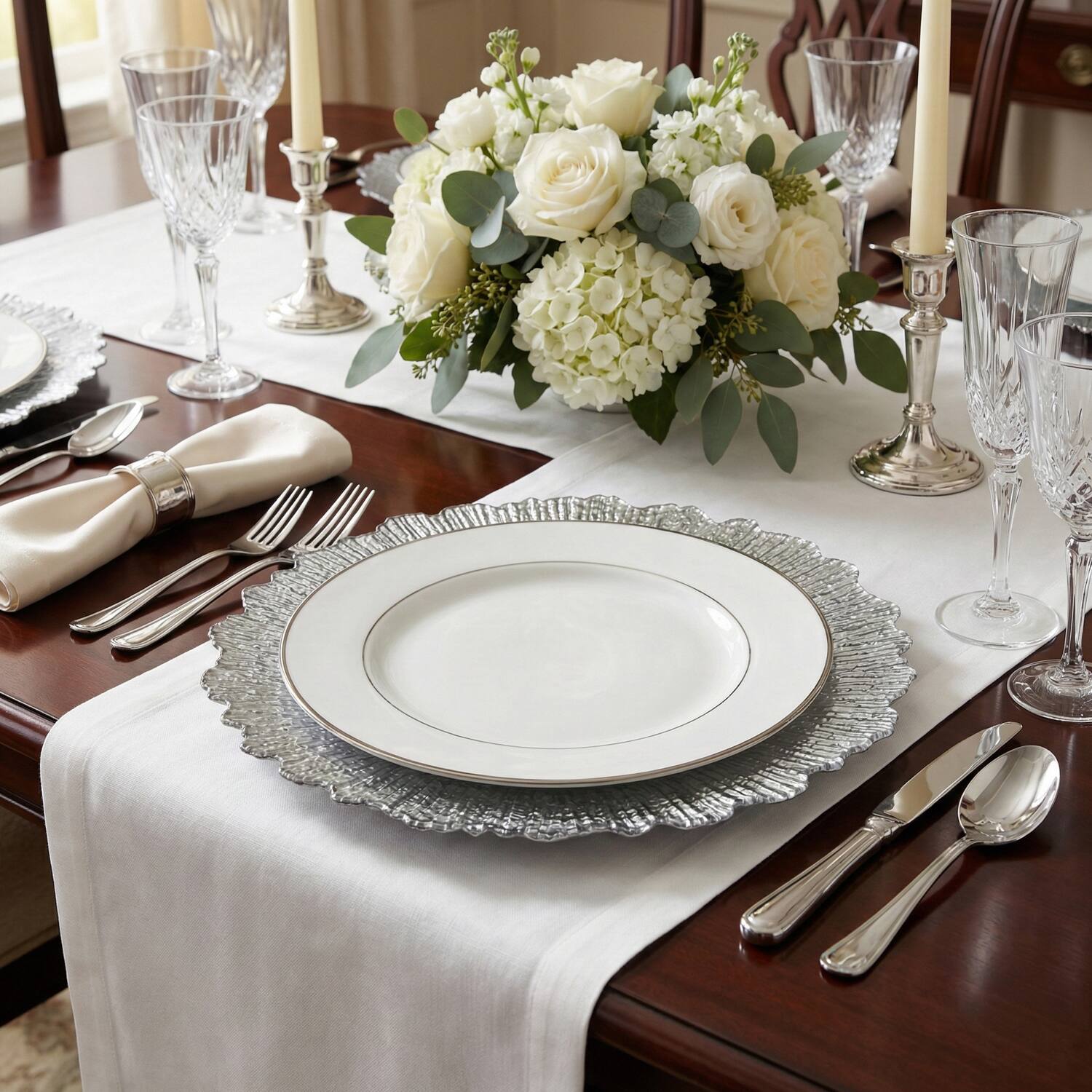 Left. American Atelier - Reef Silver Glass 13" Charger Plate 4-Piece Set - Silver.