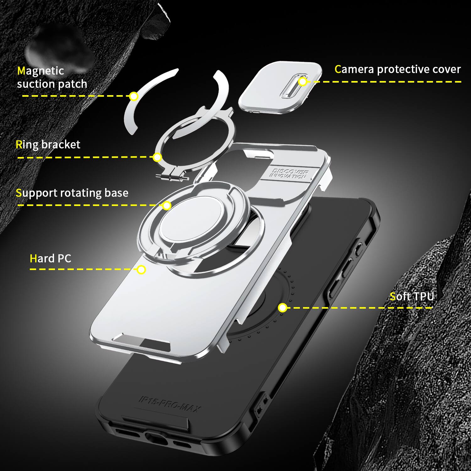 Magnetic suction patch  
Camera protective cover  
Ring bracket  
Support rotating base  
DISCOVER INNOVATION  
Hard PC  
Soft TPU  
IP15-PRO-MAX
