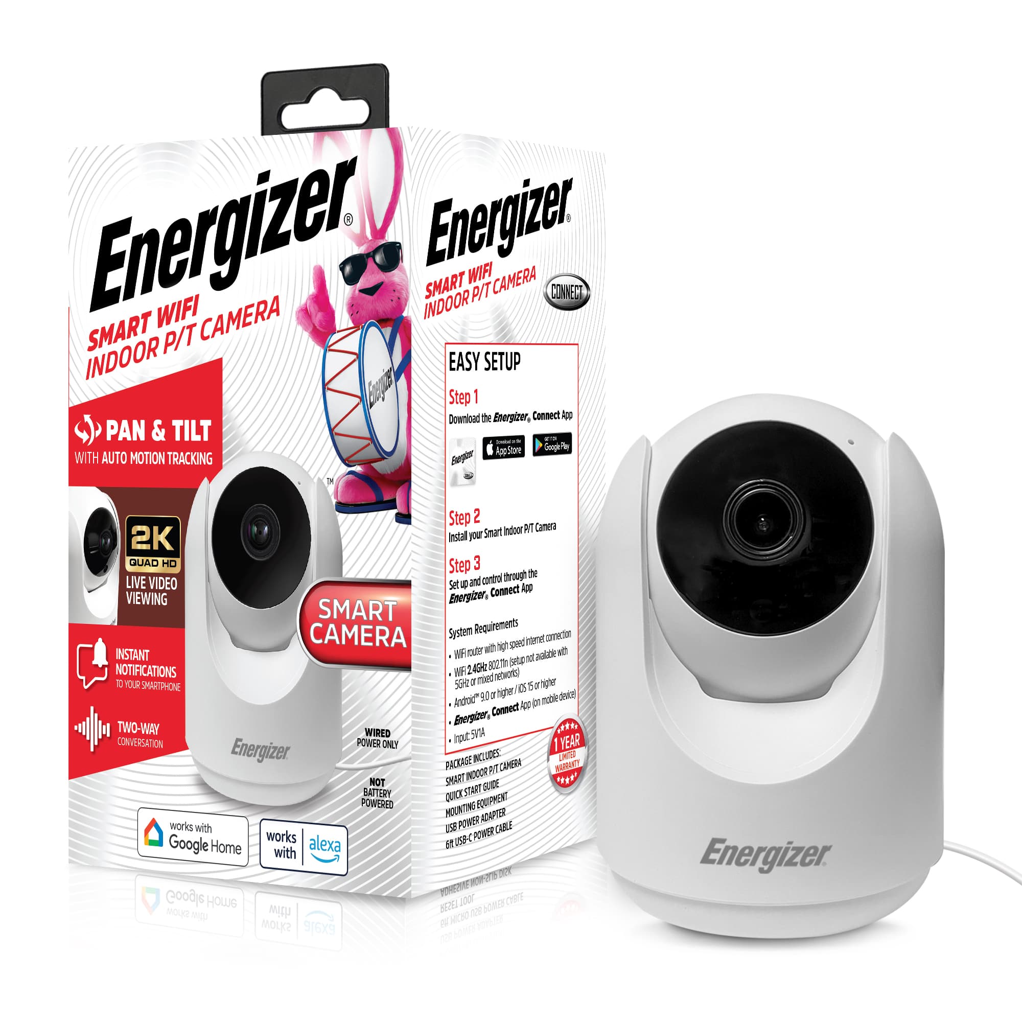 Energizer - Smart 2K Indoor Pan & Tilt Wired Motion Tracking Camera - White