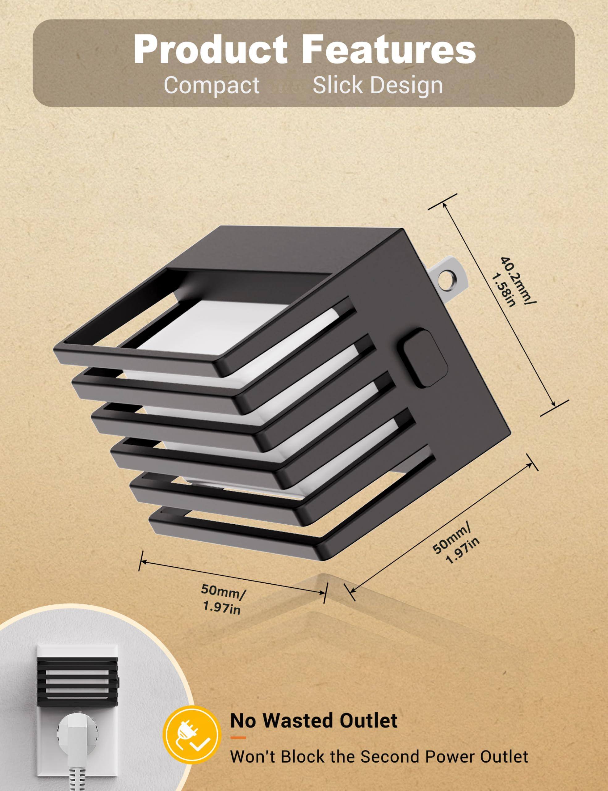 Product Features  
Compact  
Slick Design  

- 40mm / 1.58in  
- 0.2mm  
- 50mm / 1.97in  
- 50mm / 1.97in  

No Wasted Outlet  
Won't Block the Second Power Outlet