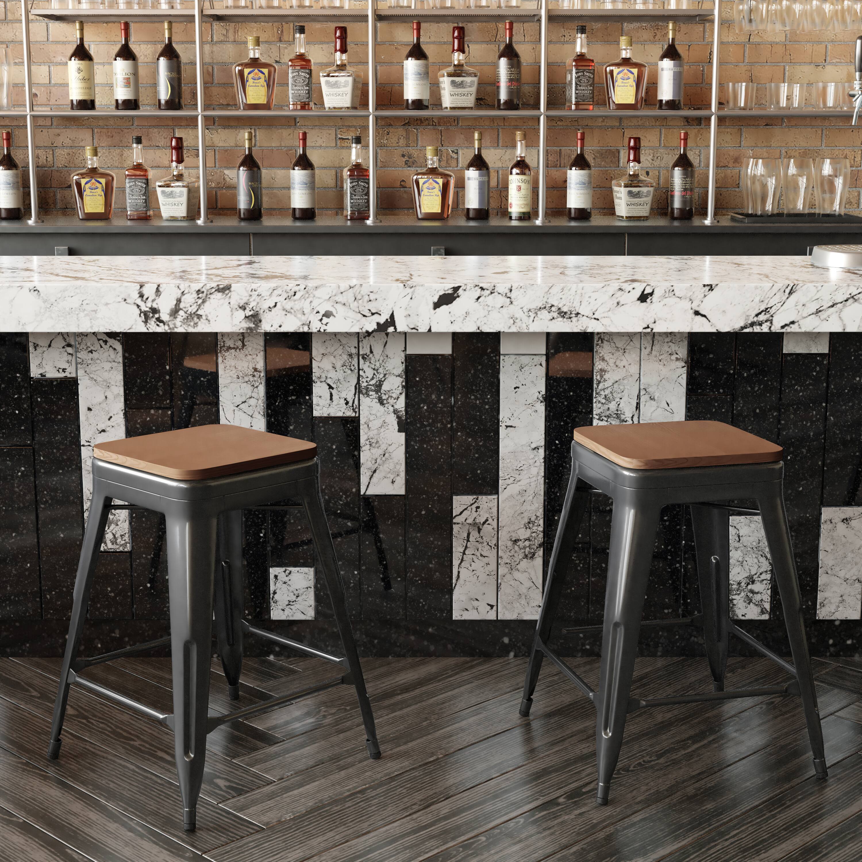 Alt View 3. Emma + Oliver - Kam Backless Metal Indoor-Outdoor Stool with All-Weather Polystyrene Seat - Teak Seat/Black Frame.