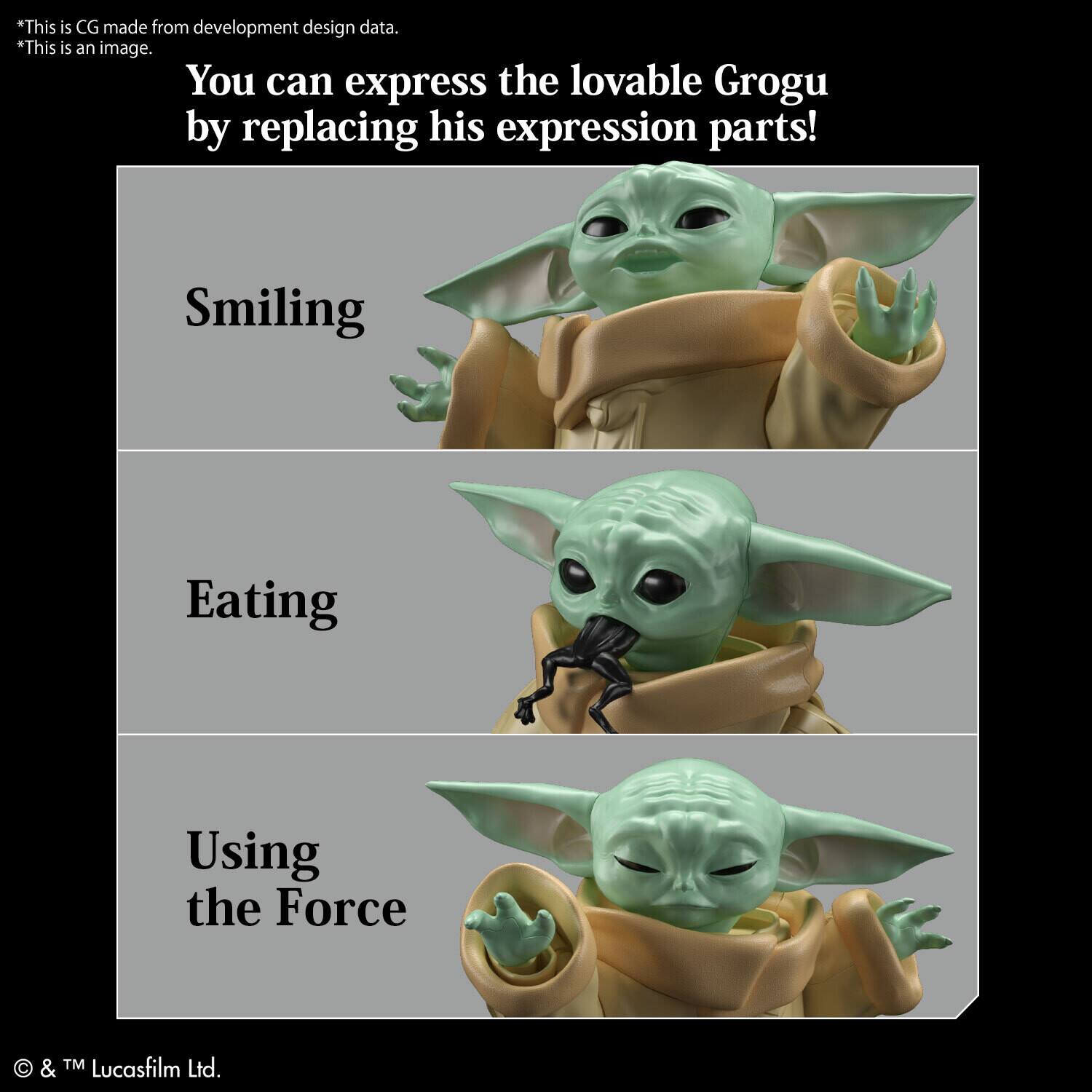 This is CG made from development design data. This is an image. You can express the lovable Grogu by replacing his expression parts! Smiling, Eating, Using the Force. & TM Lucasfilm Ltd.