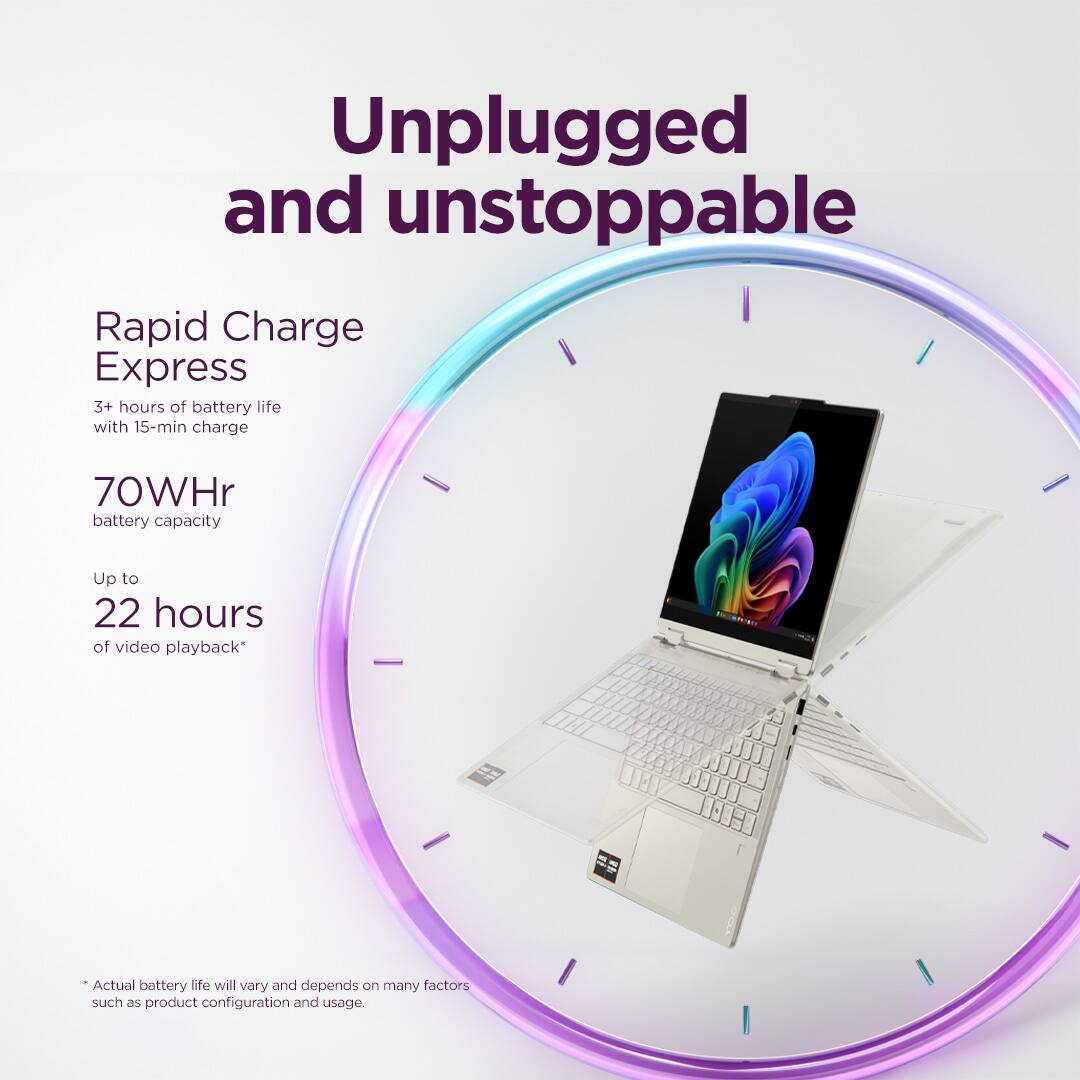 Unplugged and unstoppable

Rapid Charge Express  
3+ hours of battery life with 15-min charge

70WHr battery capacity

Up to 22 hours of video playback*

*Actual battery life will vary and depends on many factors such as product configuration and usage.