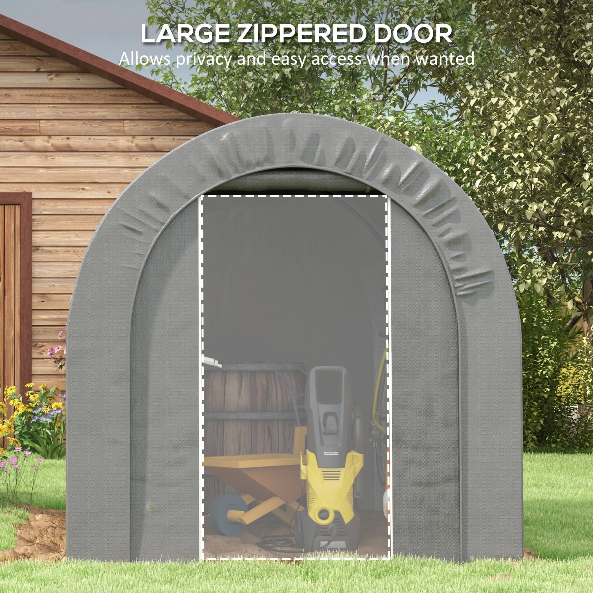 LARGE ZIPPERED DOOR  
Allows privacy and easy access when wanted