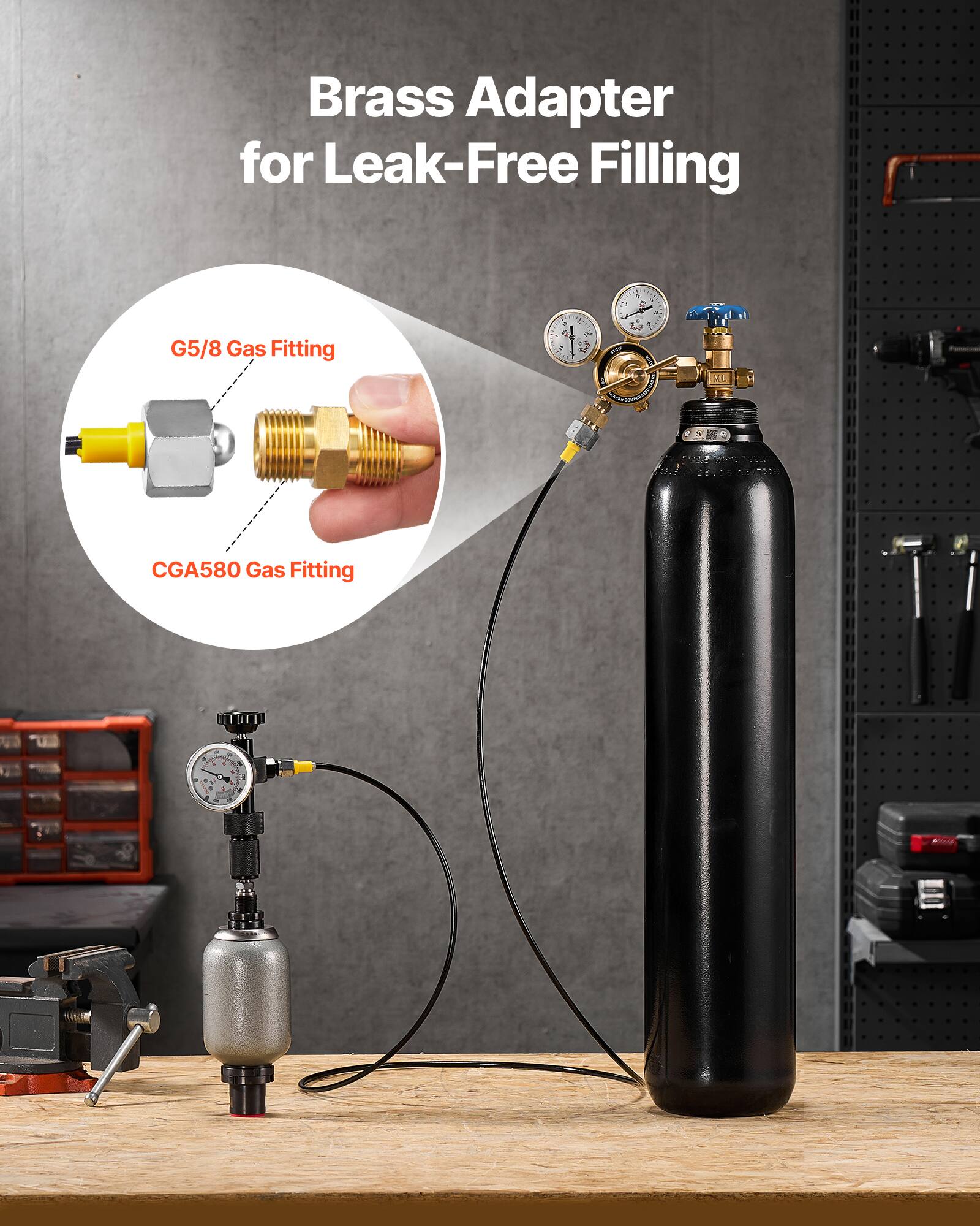 Brass Adapter for Leak-Free Filling

- G5/8 Gas Fitting
- CGA580 Gas Fitting