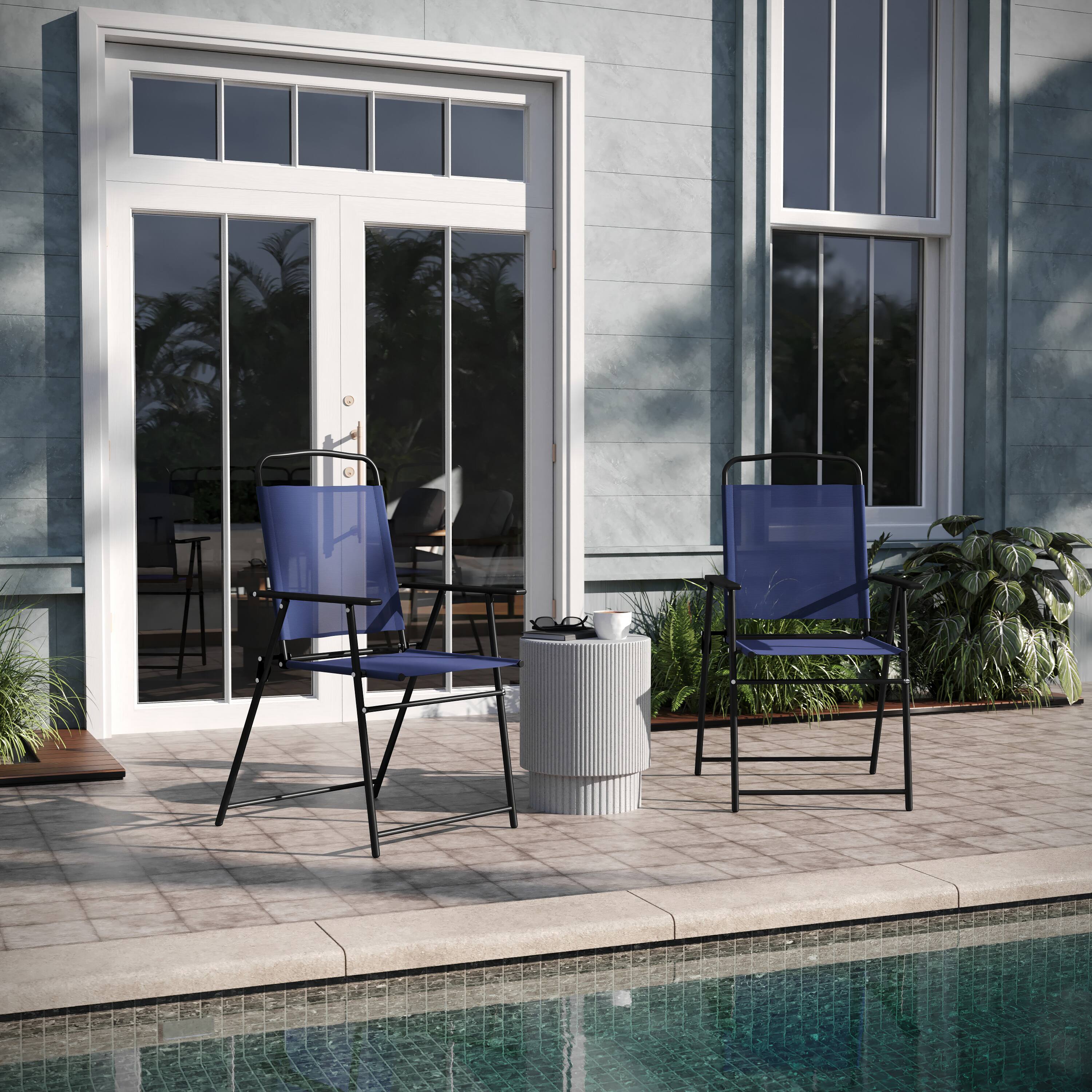 Alt View 2. Emma + Oliver - Munroe Set of 2 Textilene Folding Sling Style Patio Chairs with Armrests - Navy.