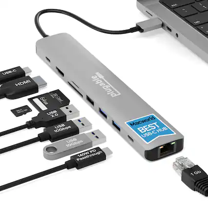 USB-C HDMI 320m SO ACHO
SD Card plugable 64GB USB 2.0 USB
Macworld 10Gbps BEST USB-C HUB 10Gbps USB PD Passthrough 140W 1 Gb