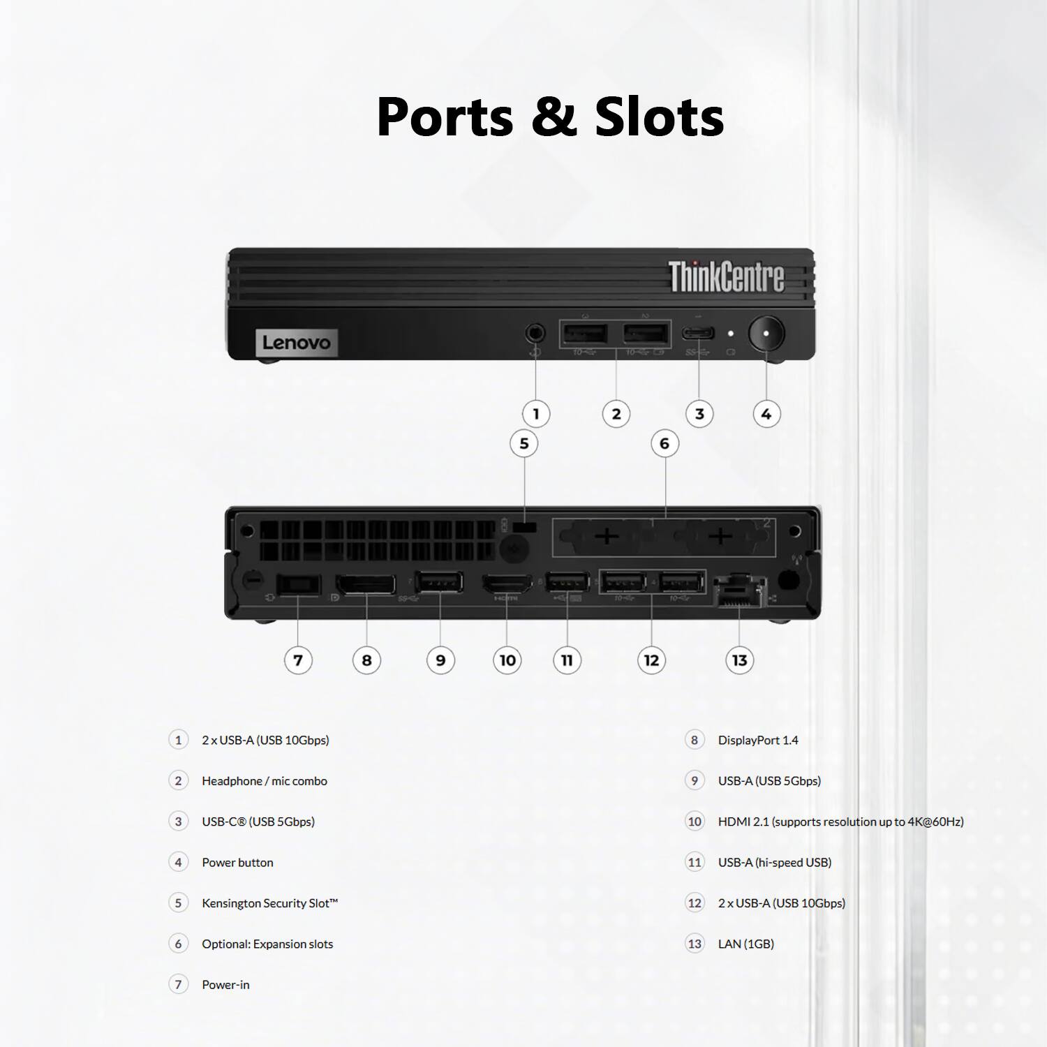Ports & Slots

1. 2x USB-A (USB 10Gbps)
2. Headphone/mic combo
3. USB-C/USB 5Gbps
4. Power button
5. Kensington Security Slot*
6. Optional: Expansion slots
7. Power-in
8. DisplayPort 1.4
9. USB-A (USB 5Gbps)
10. HDMI 2.1 (supports resolution up to 4K@60Hz)
11. USB-A (hi-speed USB)
12. 2x USB-A (USB 10Gbps)
13. LAN (1GB)