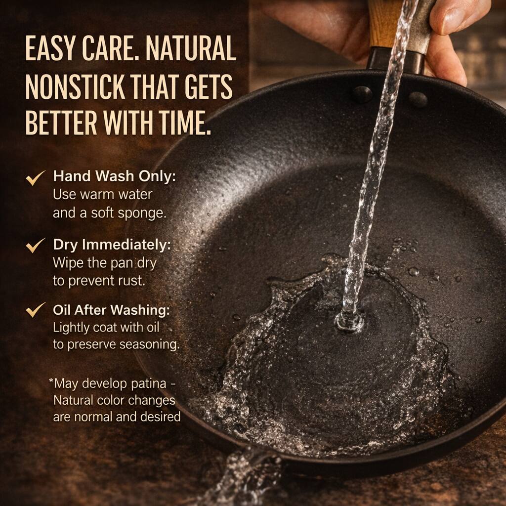 EASY CARE. NATURAL NONSTICK THAT GETS BETTER WITH TIME.

- Hand Wash Only: Use warm water and a soft sponge.
- Dry Immediately: Wipe the pan dry to prevent rust.
- Oil After Washing: Lightly coat with oil to preserve seasoning.

*May develop patina - Natural color changes are normal and desired
