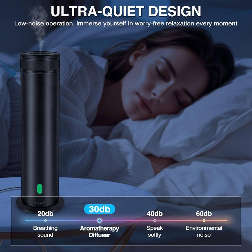 ULTRA-QUIET DESIGN  
Low-noise operation, immerse yourself in worry-free relaxation every moment.  

20db  
Breathing sound  

30db  
Aromatherapy Diffuser  

40db  
Speak softly  

60db  
Environmental noise