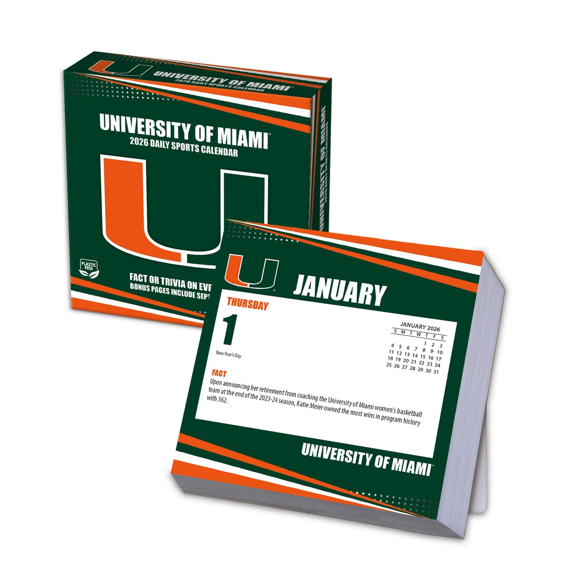 UNIVERSITY OF MIAMI  
2026 DAILY SPORTS CALENDAR  

FACT OR TRIVIA ON EVERY BONUS PAGE INCLUDES SEPT  

JANUARY  
THURSDAY  
1  
New Year's Day  

FACT  
Upon announcing her retirement from coaching the University of Miami women's basketball team at the end of the 2023-24 season, Katie Meier owned the most wins in program history with 362.  

JANUARY 2024  
S M T W T F S  
1 2 3 4 5 6 7  
8 9 10 11 12 13 14  
15 16 17 18 19 20 21  
22 23 24 25 26 27 28  
29 30 31  

UNIVERSITY OF MIAMI