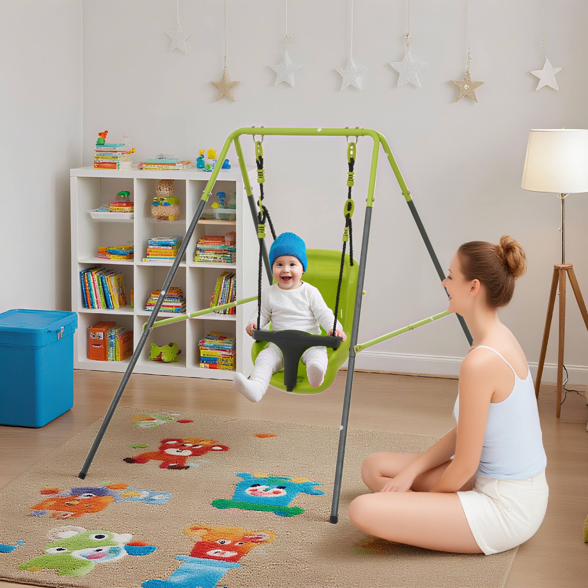 Back. Loheer - 4.8 ft Indoor Outdoor Baby Swing with Safety Seat and Stable Metal Frame - Black+Green.