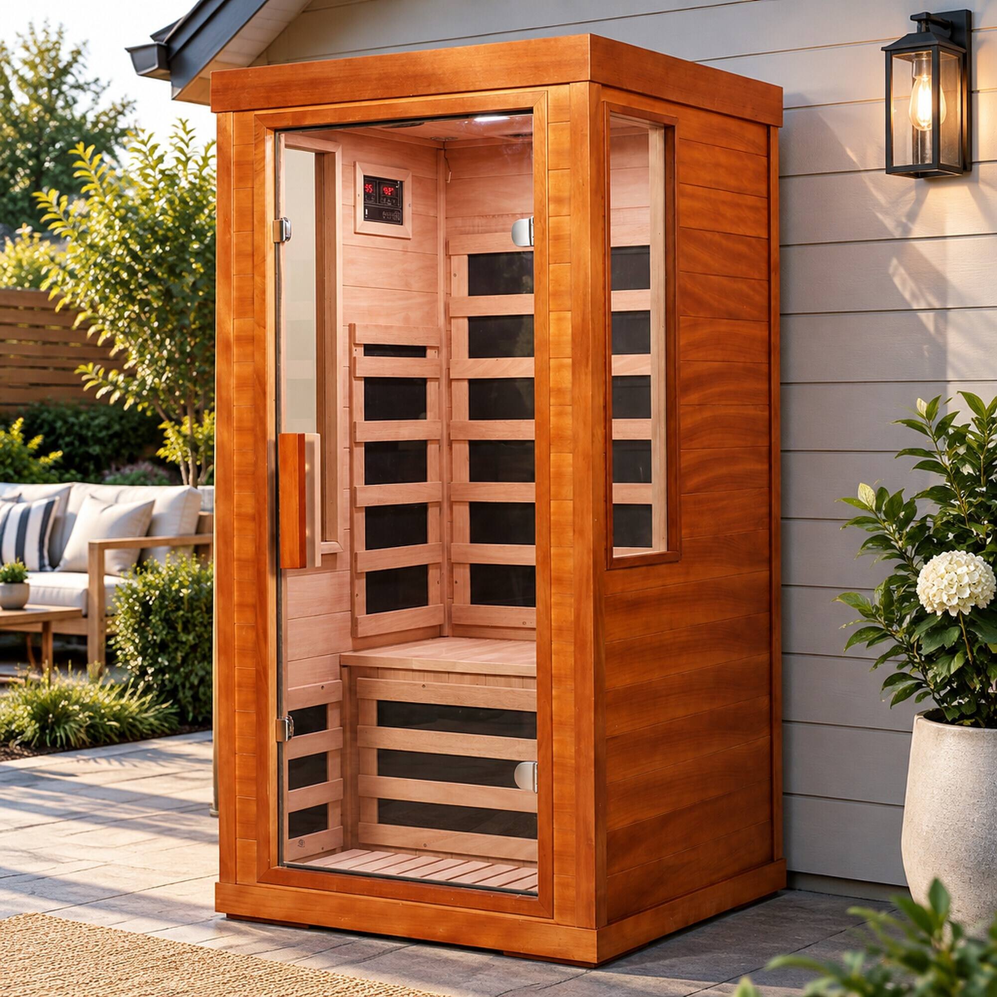 Left. RYHNUYNE - One Person Far Infrared Sauna, 31.5 x 31.5 x 63.3 in, Okoume Wood, Tempered Glass Door, Bluetooth Audio and 7-Color - Red.