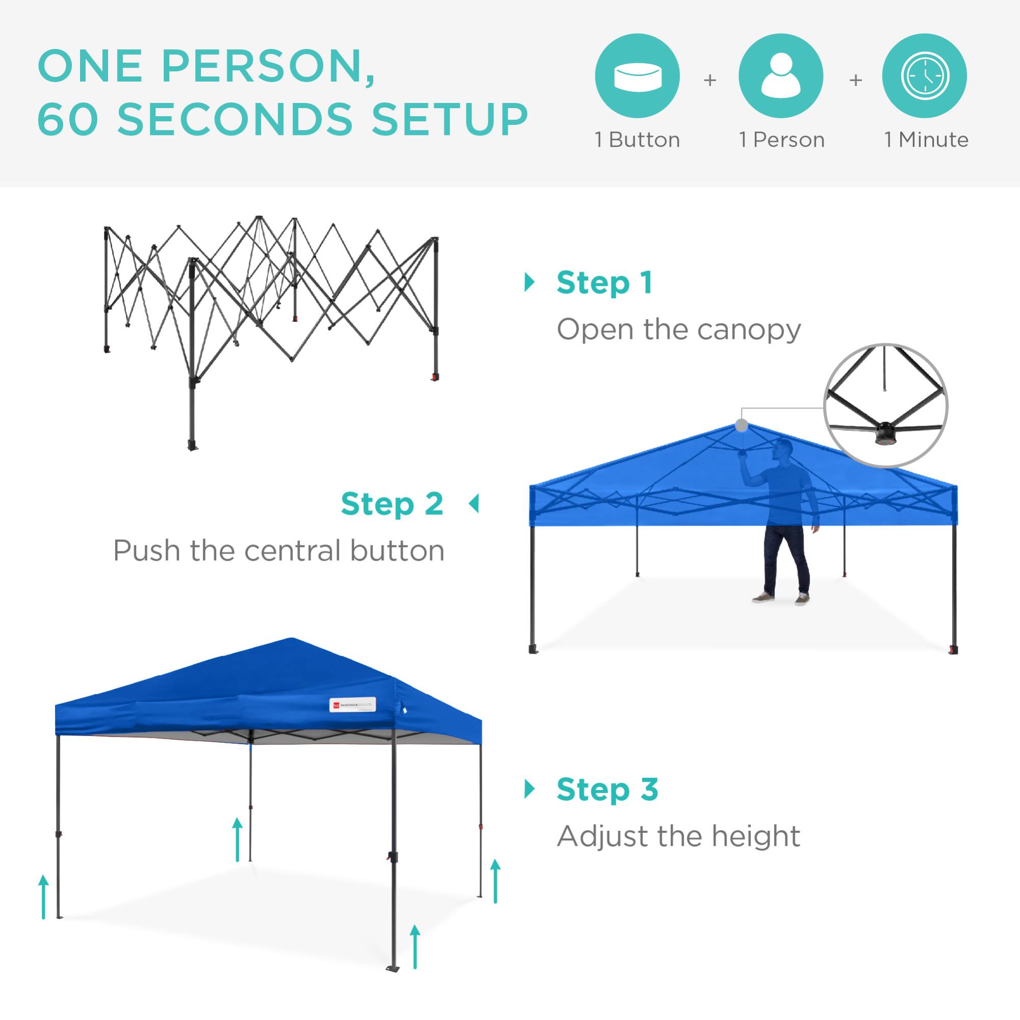ONE PERSON, 60 SECONDS SETUP

1 Button
1 Person
1 Minute

Step 1
Open the canopy

Step 2
Push the central button

Step 3
Adjust the height