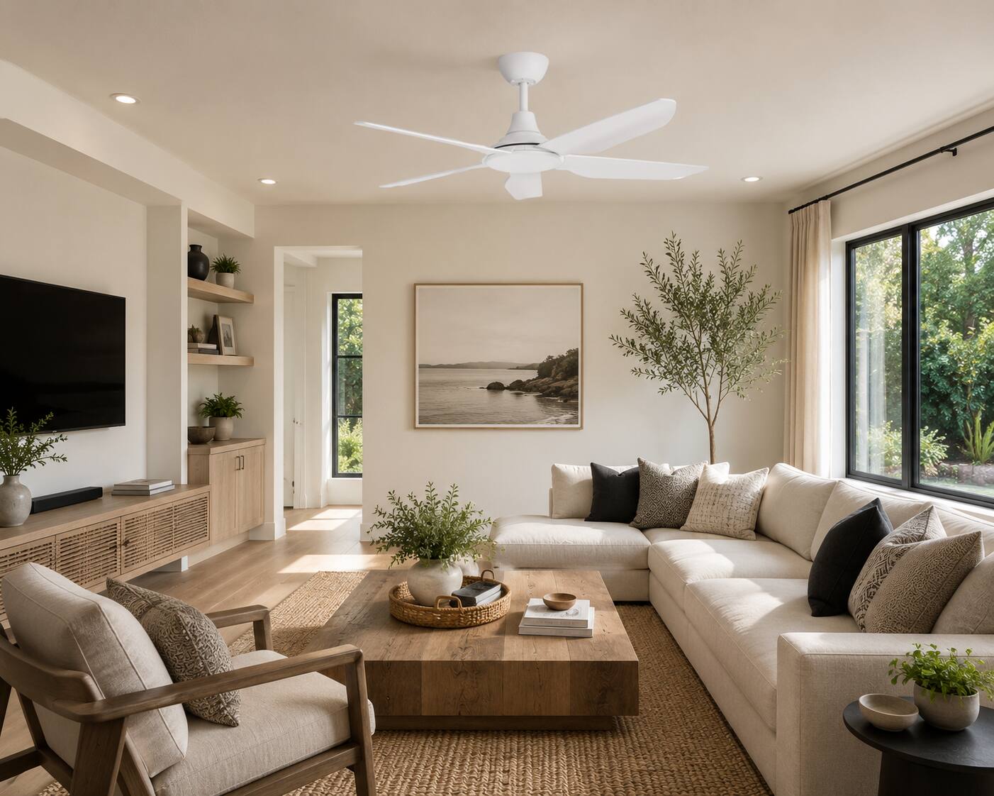 Alt View 1. ENLIGHT - 52" Smart Ceiling Fan, IP66 Outdoor/Coastal, Weather Resist, Efficient + Quiet DC Motor, Reverse Mode, Matter, 5 Blades - White.