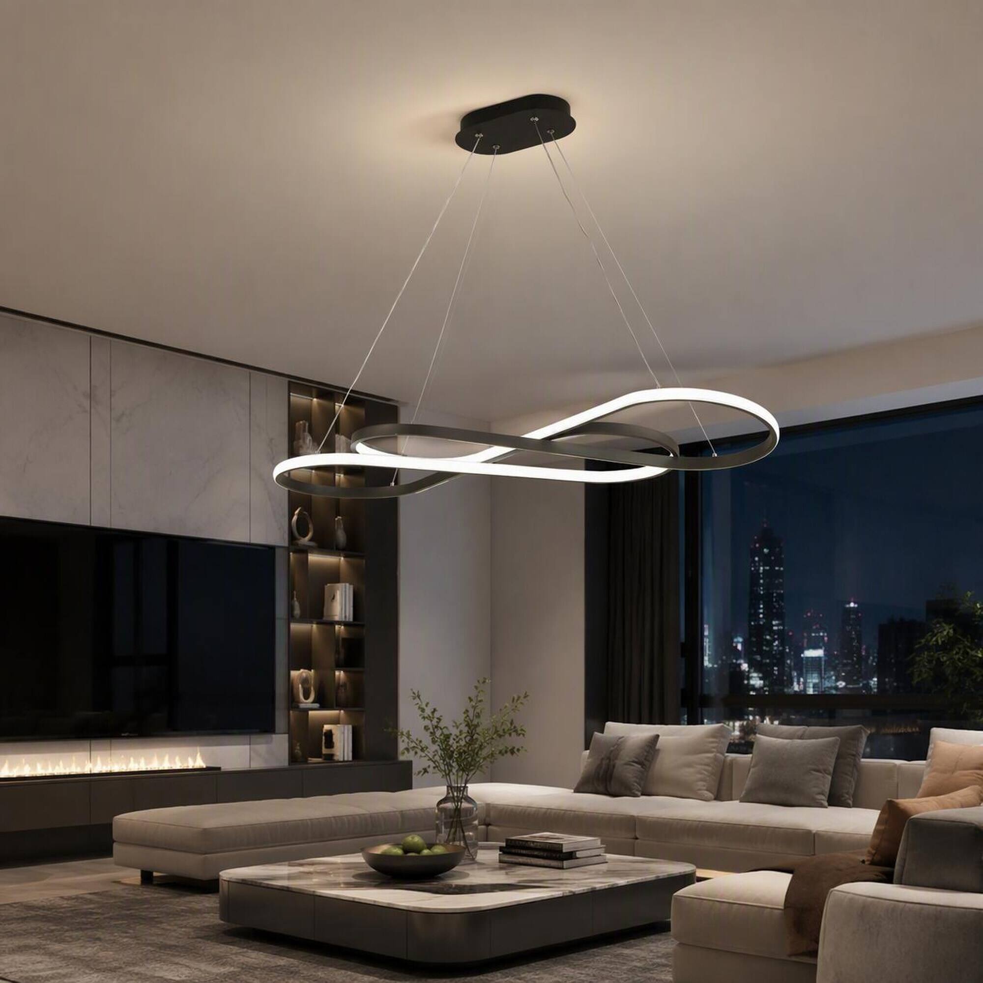 Left. RYHNUYNE - Modern Black LED Pendant Light, Infinity Design Hanging Ceiling Fixture Adjustable Height Dimmable - Black.