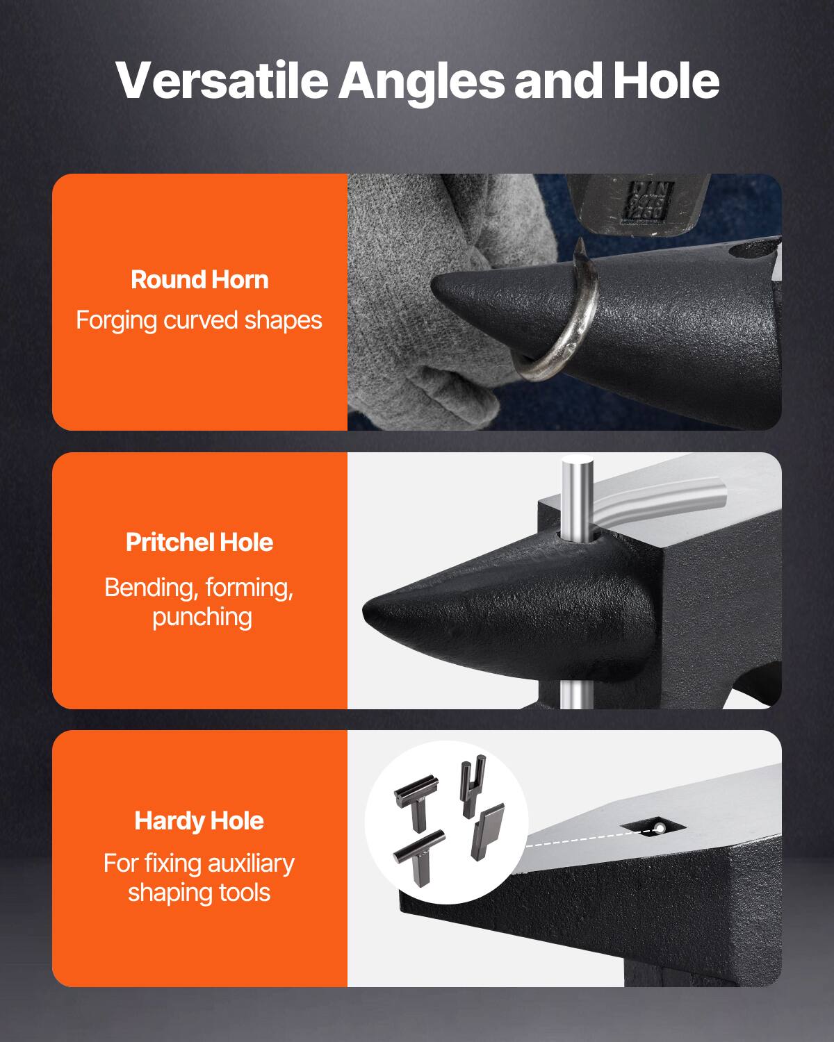 Versatile Angles and Hole

- Round Horn
  - Forging curved shapes

- Pritchel Hole
  - Bending, forming, punching

- Hardy Hole
  - For fixing auxiliary shaping tools