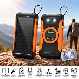 Energizer - 10K mAh Solar Power Bank 22.5W Fast Charging, 15W Wireless Qi, Dual USB‑C Cables SOS Emergency Flashlight - Black&Orange